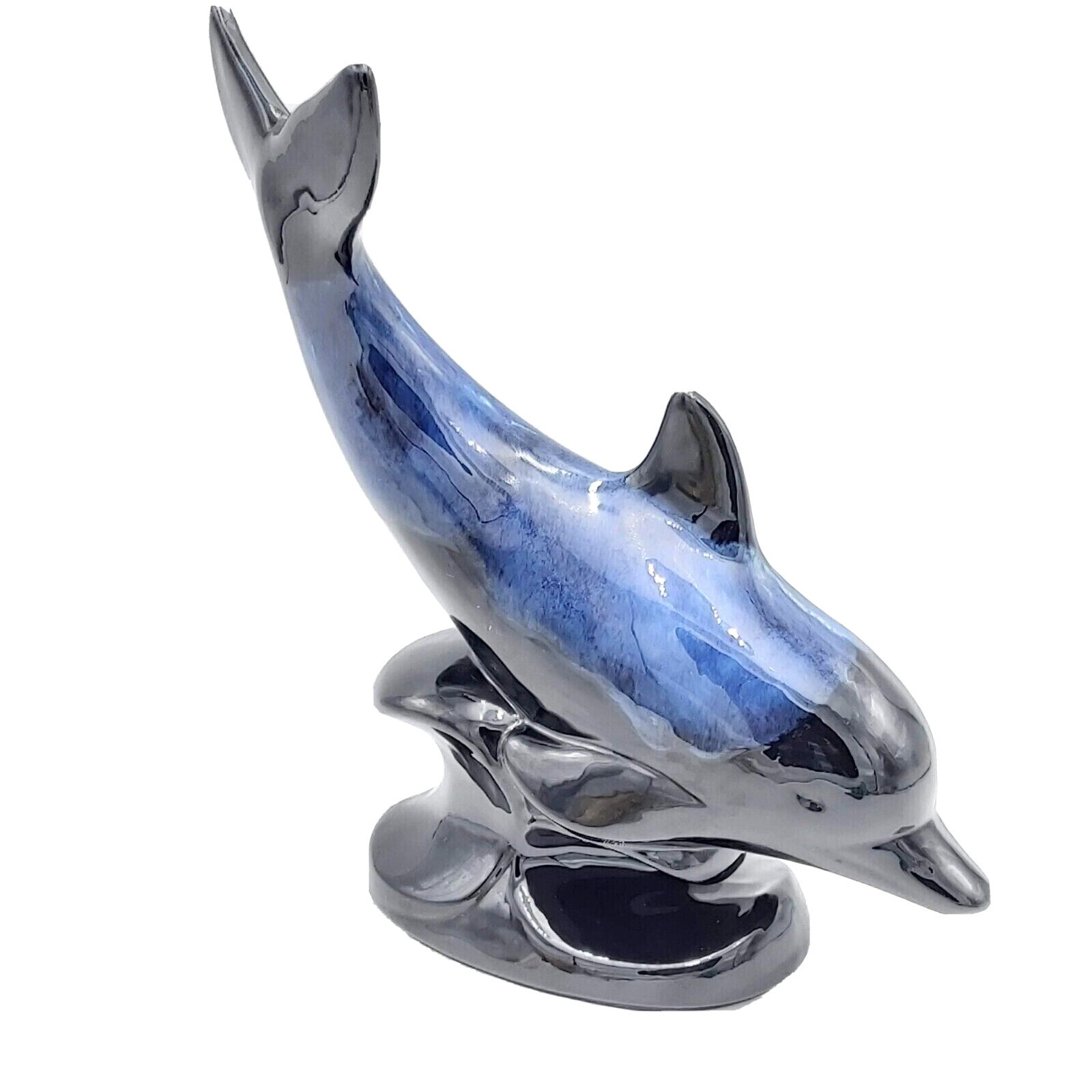 Blue Mountain Pottery Blue Glaze Dolphin Large Diving Pose BMP 12 x 11.5 inches