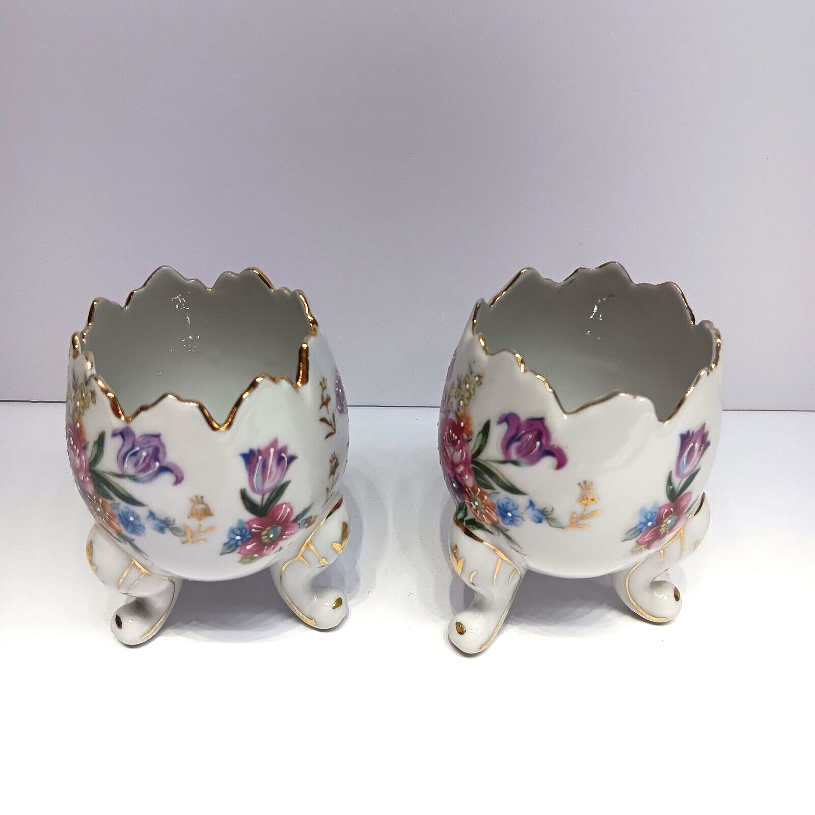 Fine A Quality Porcelain Eggs Pink Purple Flowers Japan Hand Painted w/Gold Trim