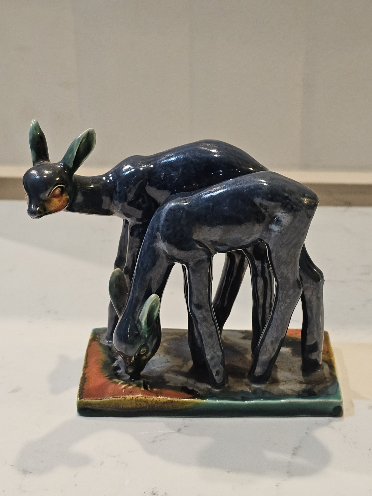 Blue Mountain Pottery? Deer & Fawn In Syream Blue Green Drip Glaze MCM