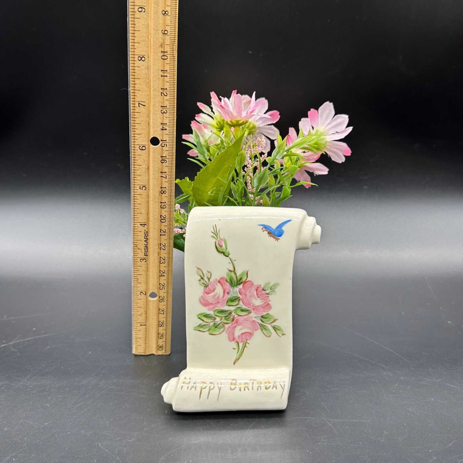 Vintage Happy Birthday Gift Wall Pocket Vase Flowers 1950s Ceramic Kitsch Decor