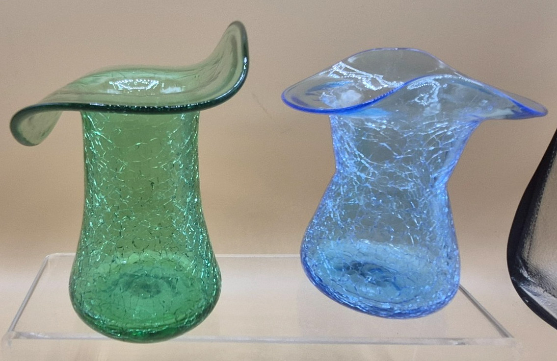 Vintage Rainbow Glass Crackle Top Hat Vases Set of 2 Green & Blue Ruffle Rim
