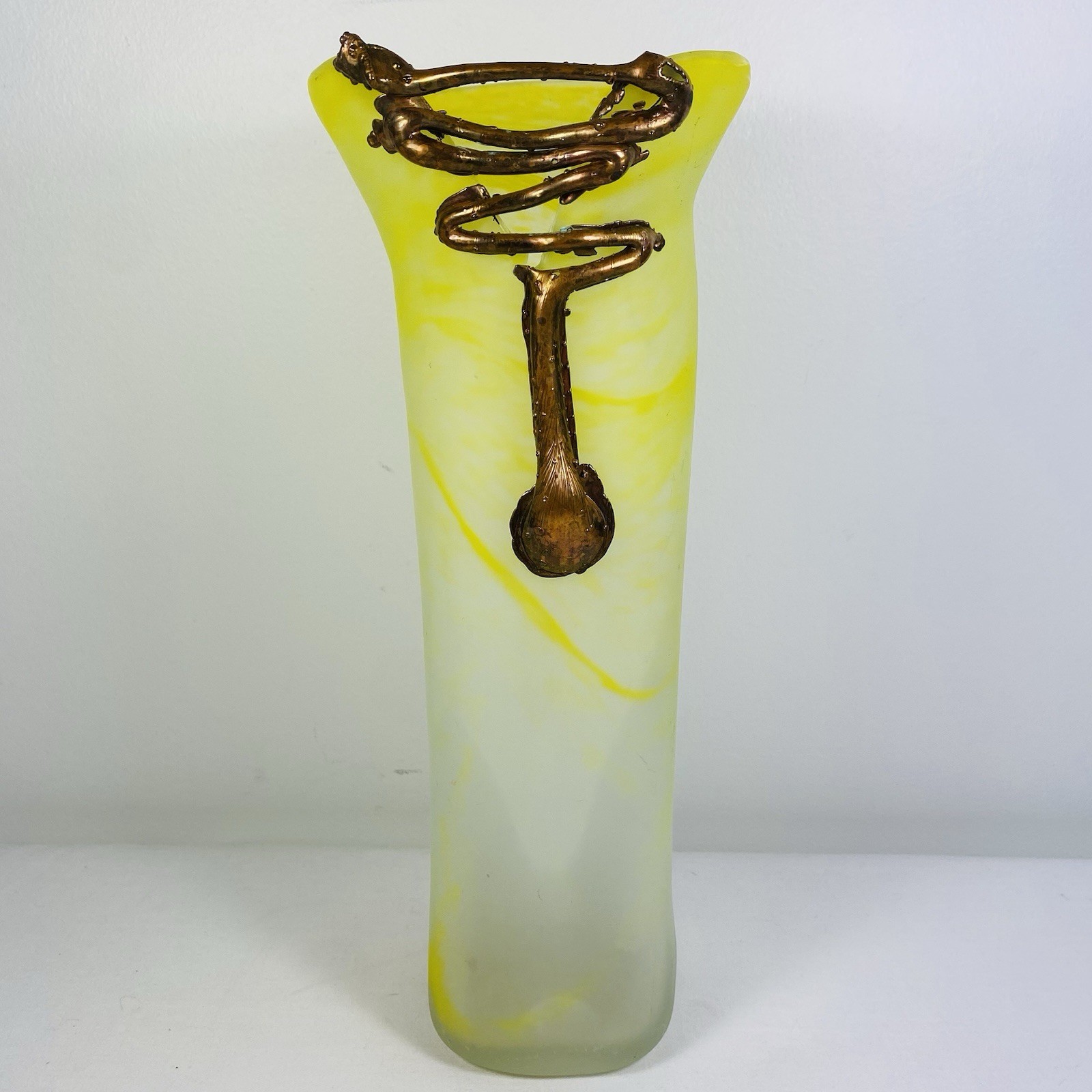 Filip Ravert Style Romblast Frosted Yellow Vase Applied Bronze Into Rim Romania