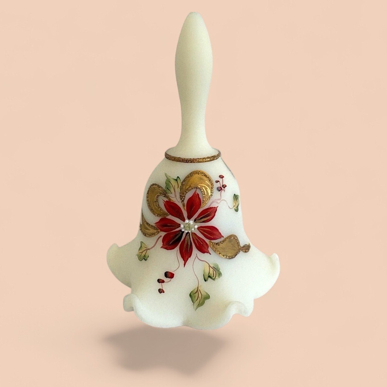 Fenton Hand Painted Satin Glass Christmas Poinsettia Bell Signed G Smith 6.75″