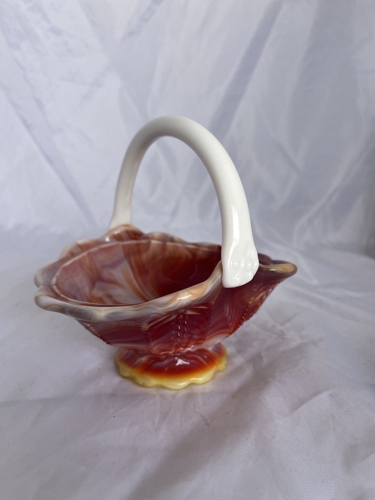 Vintage Swirl Slag Glass Orange Red Yellow White Imperial Glass 5″ Basket w/logo