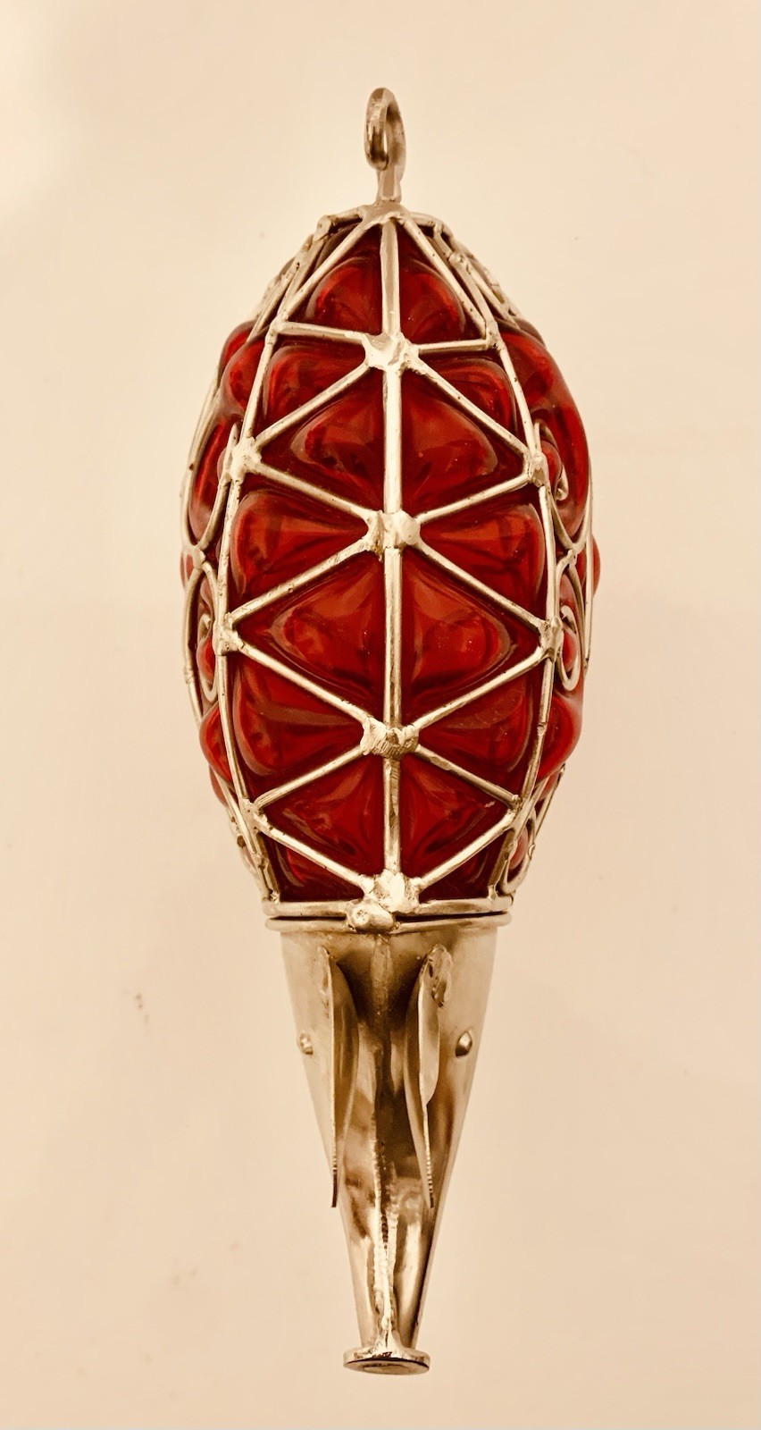 Handblown Red Glass Body Encased In Metal Caged Pig Figurine Sun Catcher Decor