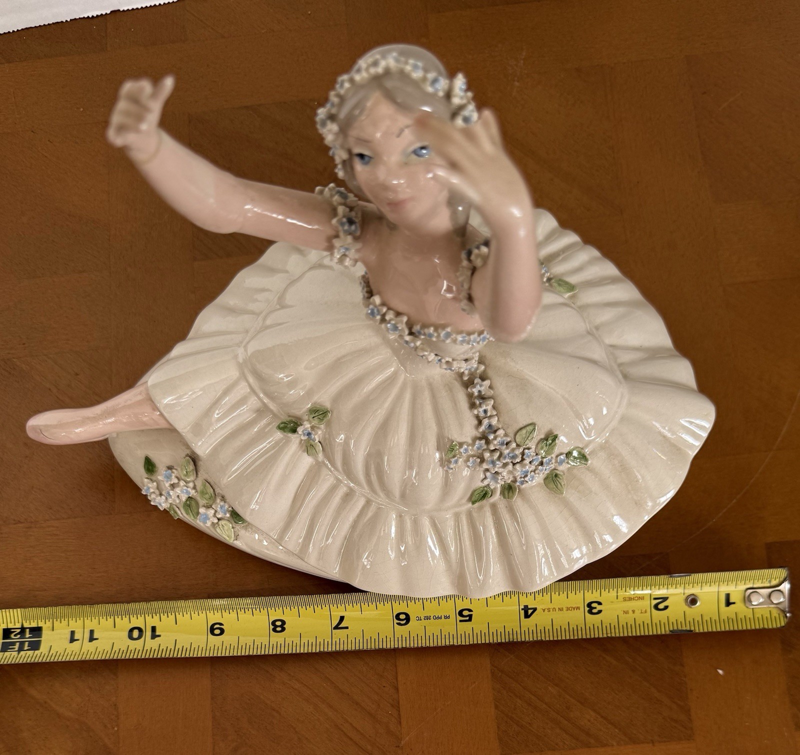 Ceramic Ballerina Figurine, White Floral Pattern Glossy Finish, 11in x 8in