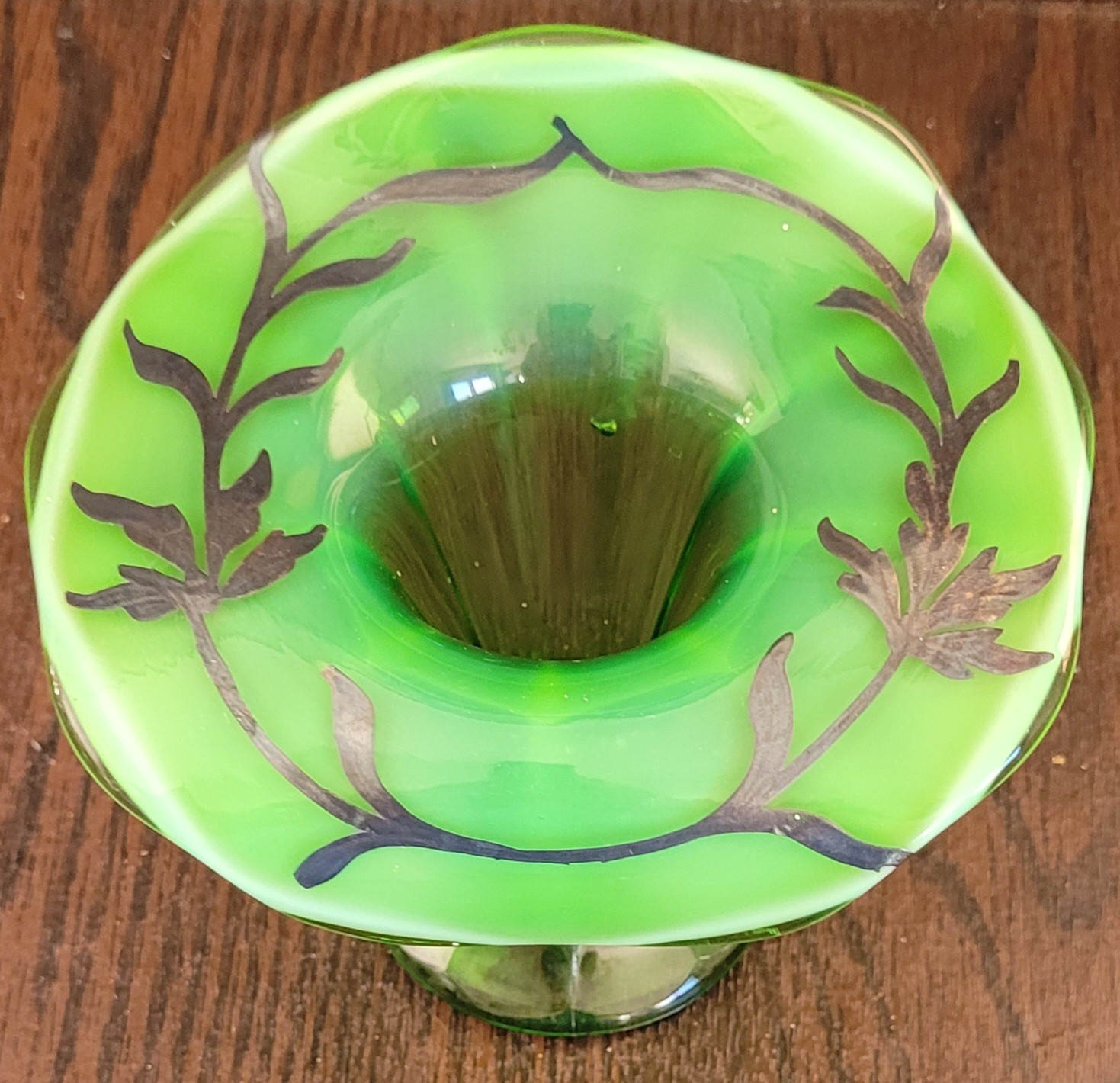 Duncan & Miller Silver Overlay Green Glass Jack in the Pulpit Vase
