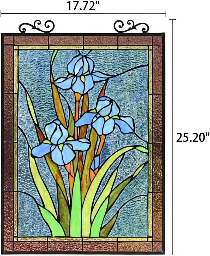 25-inch Antique Vintage Style Iris Stained Glass Window Hanging Suncatcher Panel