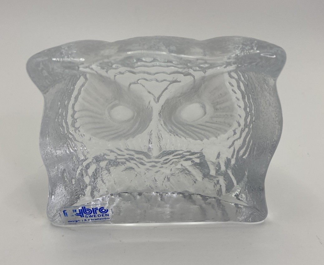 Nybro Sweden Art Glass Owl Brattstrom Design Frosted Crystal Figurine