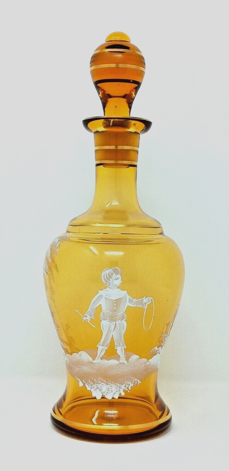 Amber Glass Decanter West Germany Mary Gregory style Ground-in Stopper gold euc