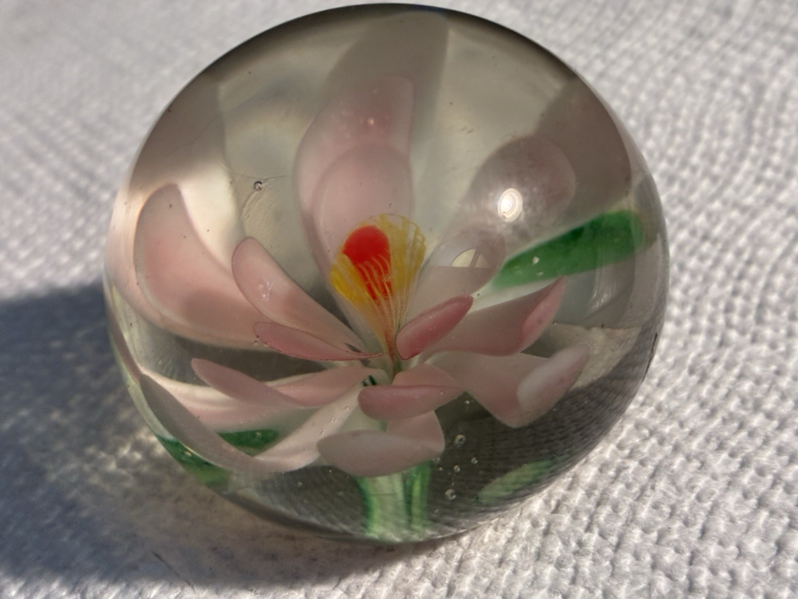 White Flower Glass Paperweight Crimp Rose 2 Inches Across