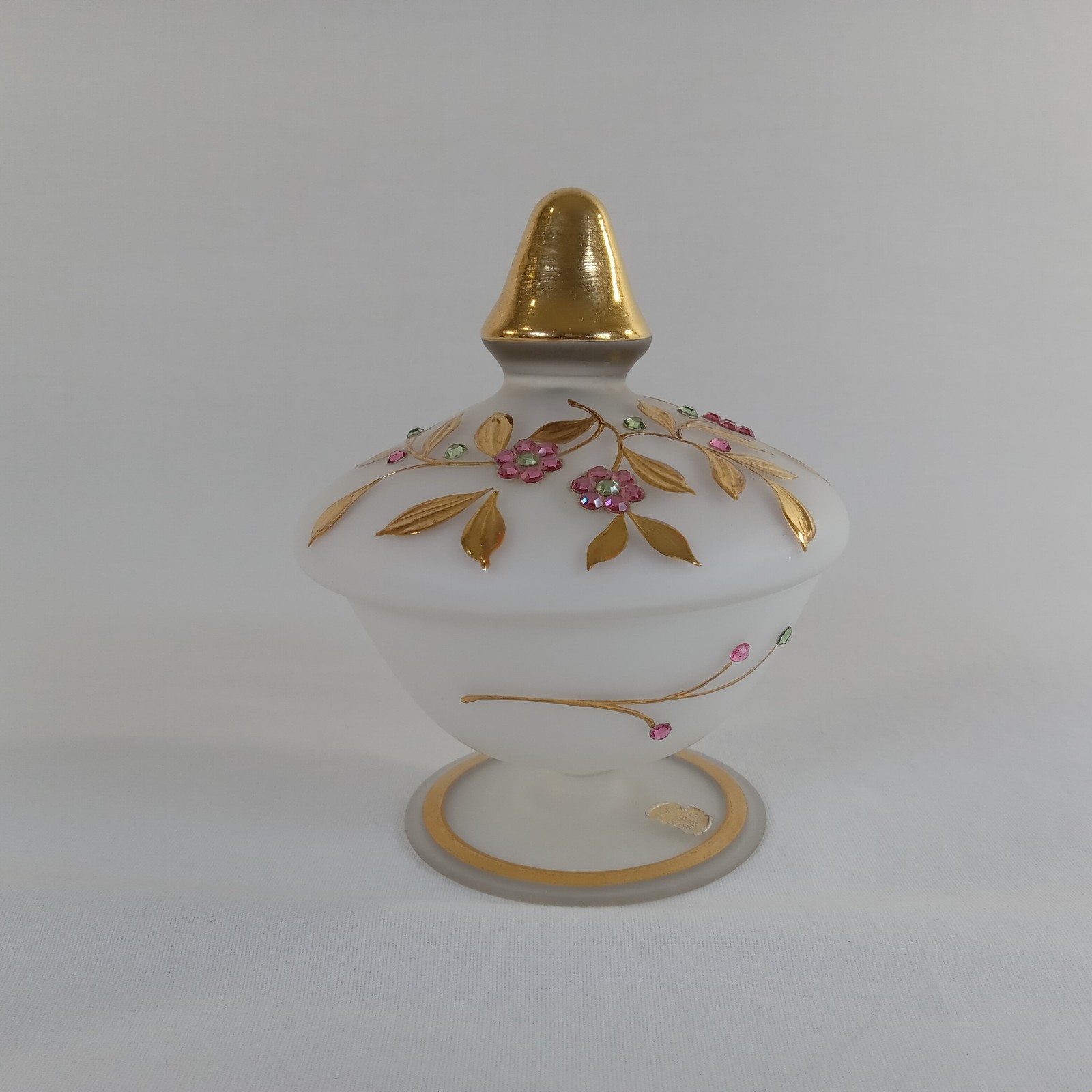 West Germany White Satin Glass Covered Trinket Box Dish Gold Gilt Rhinestones