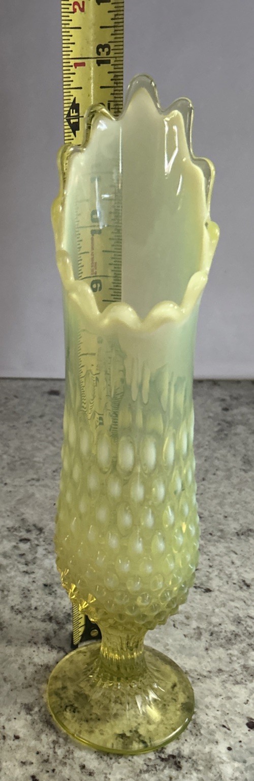 Beautiful Fenton Art Glass Uranium Green Opalescent Hobnail Swung Vase 13”-H
