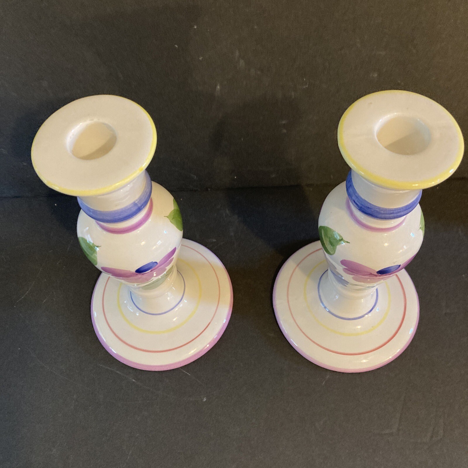 SALE Vintage Pair Candlesticks Ceramic Hand painted 9” Tall