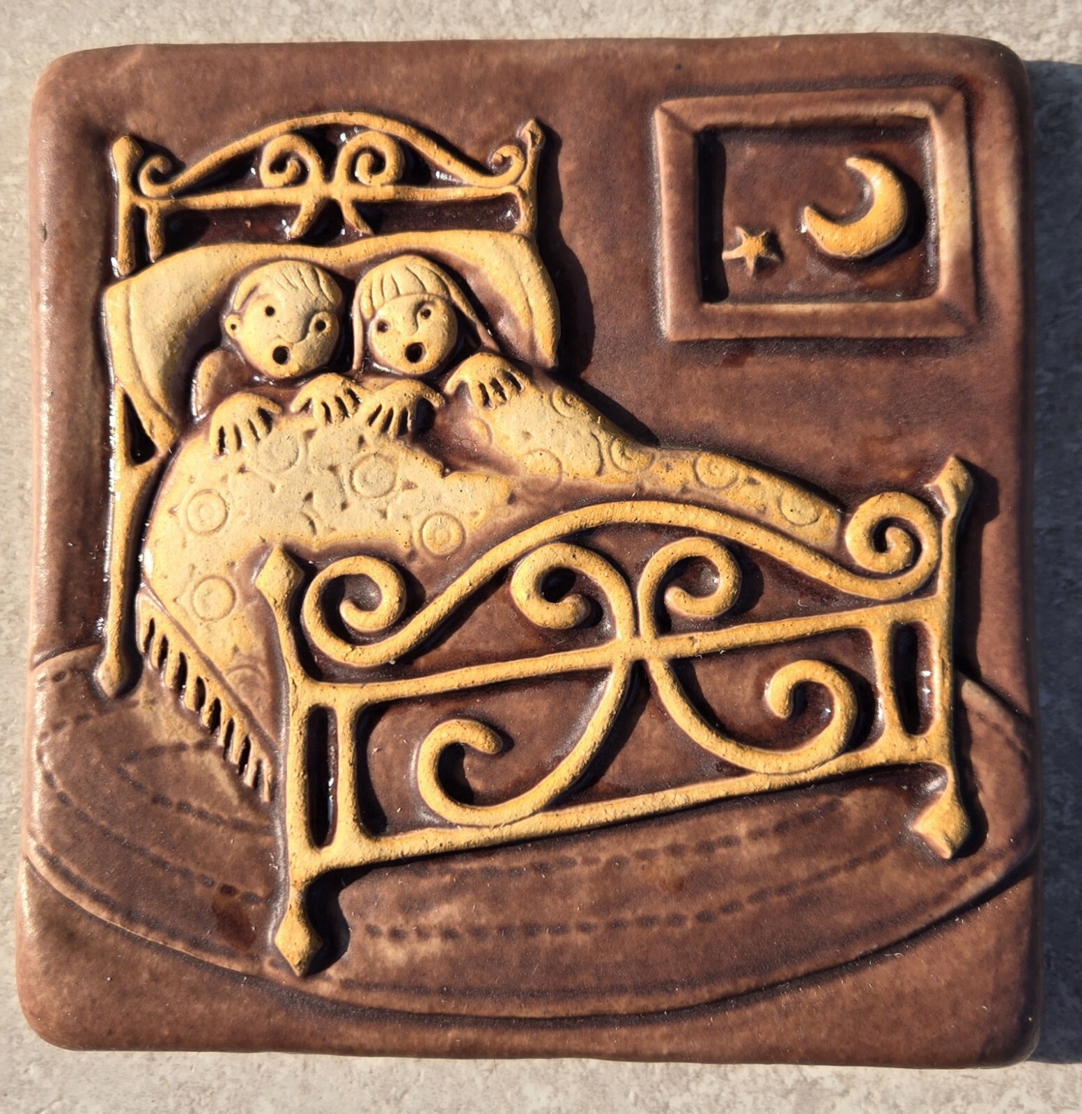 Early Gretchen Kramp Pewabic Pottery Artist Art Tile Children in Bed FREEUSHIP