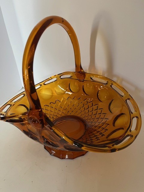 Vintage McKee Large Amber Glass Thumbprint Pattern Glass Basket