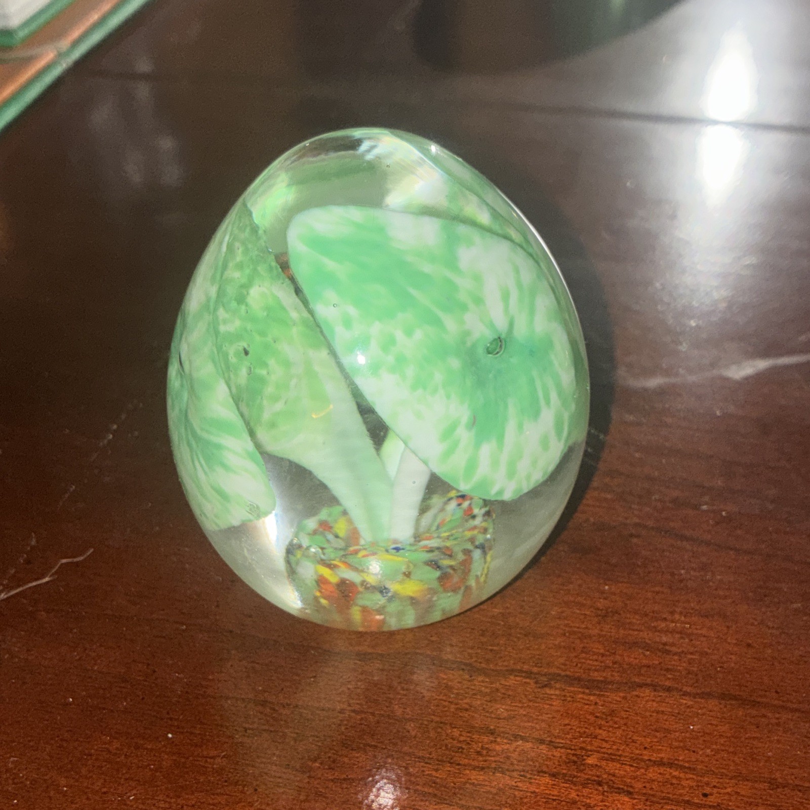 vintage japanese lutetian glass paperweight / egg shaped green white confetti