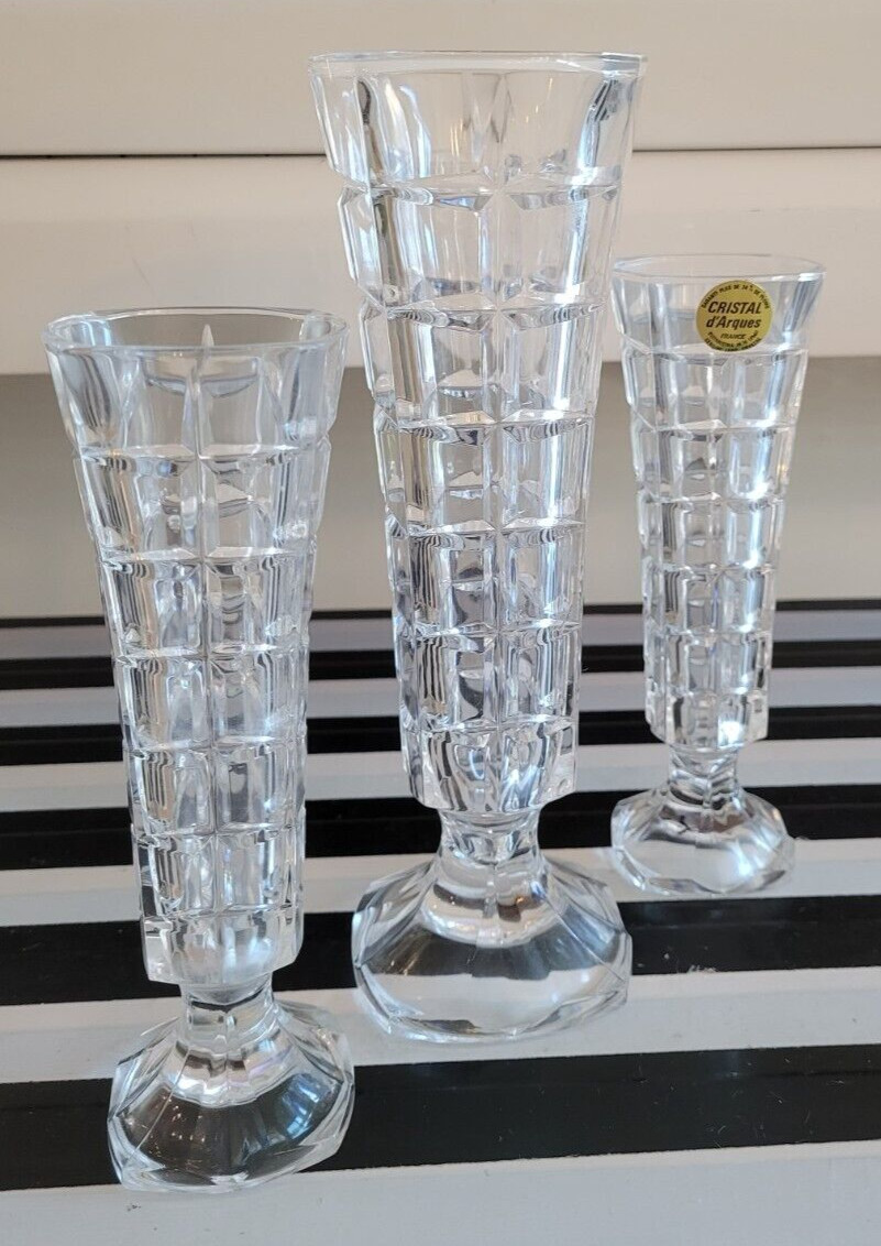 3 CRYSTAL D ARQUES DURAND BOX CUT CRYSTAL FLOWER VASES ONE LARGE AND 2 SMALL