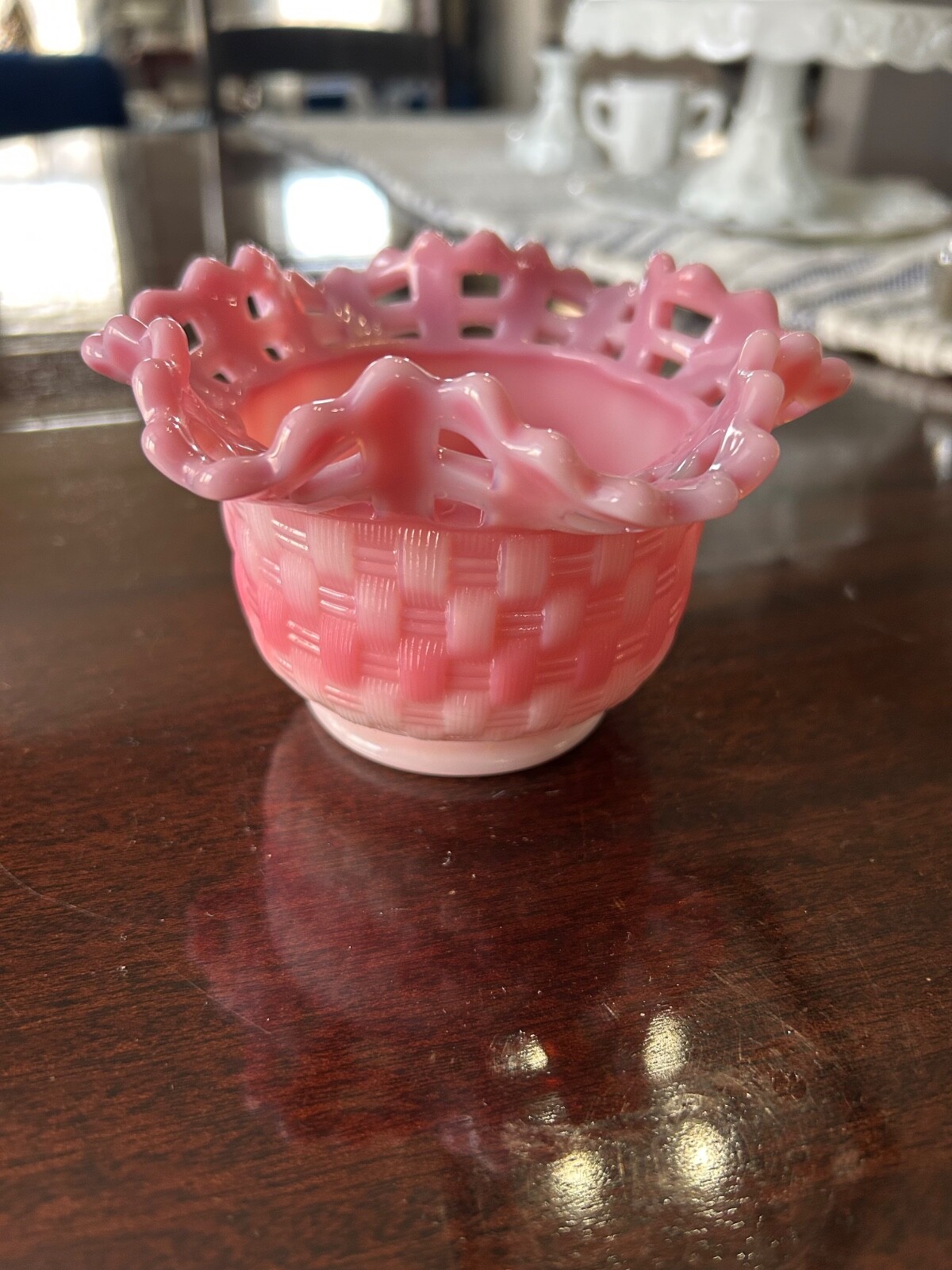 Vintage Fenton Rosalene Glass Basketweave Ruffled Open Edge Bowl app. 5”x3”