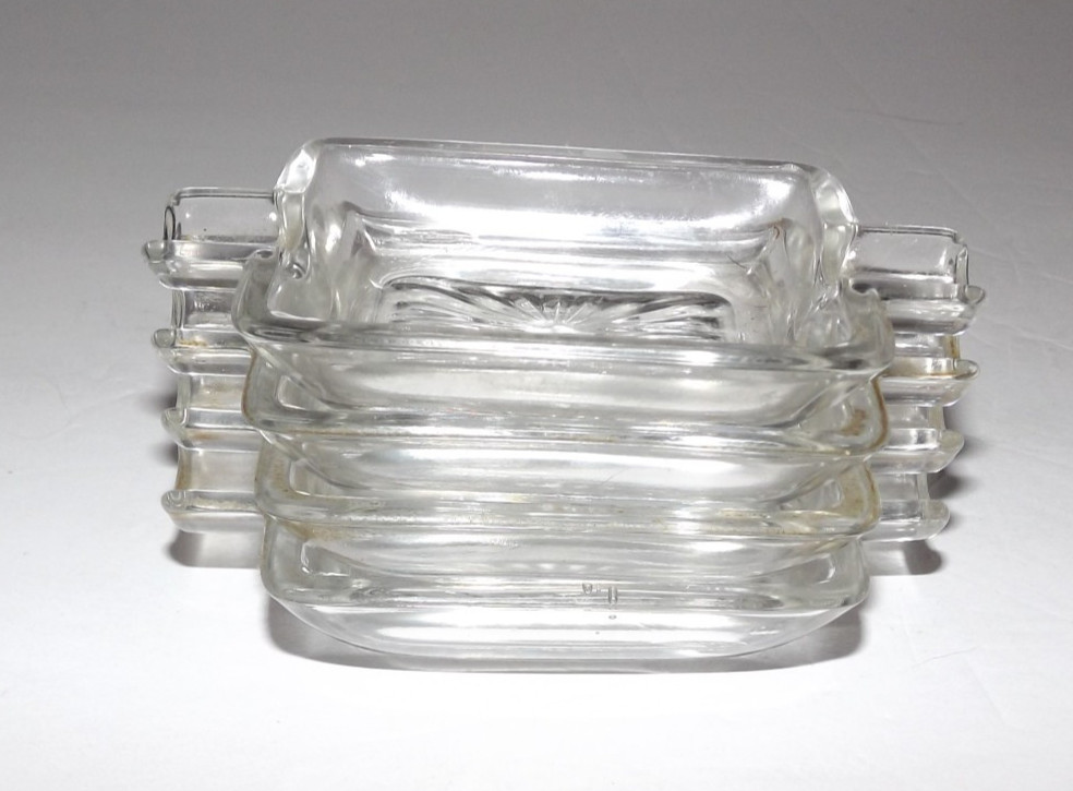 Vtg Retro Black Glass Cigarette Holder Box Clear Lid 4 Double Ashtrays Complete