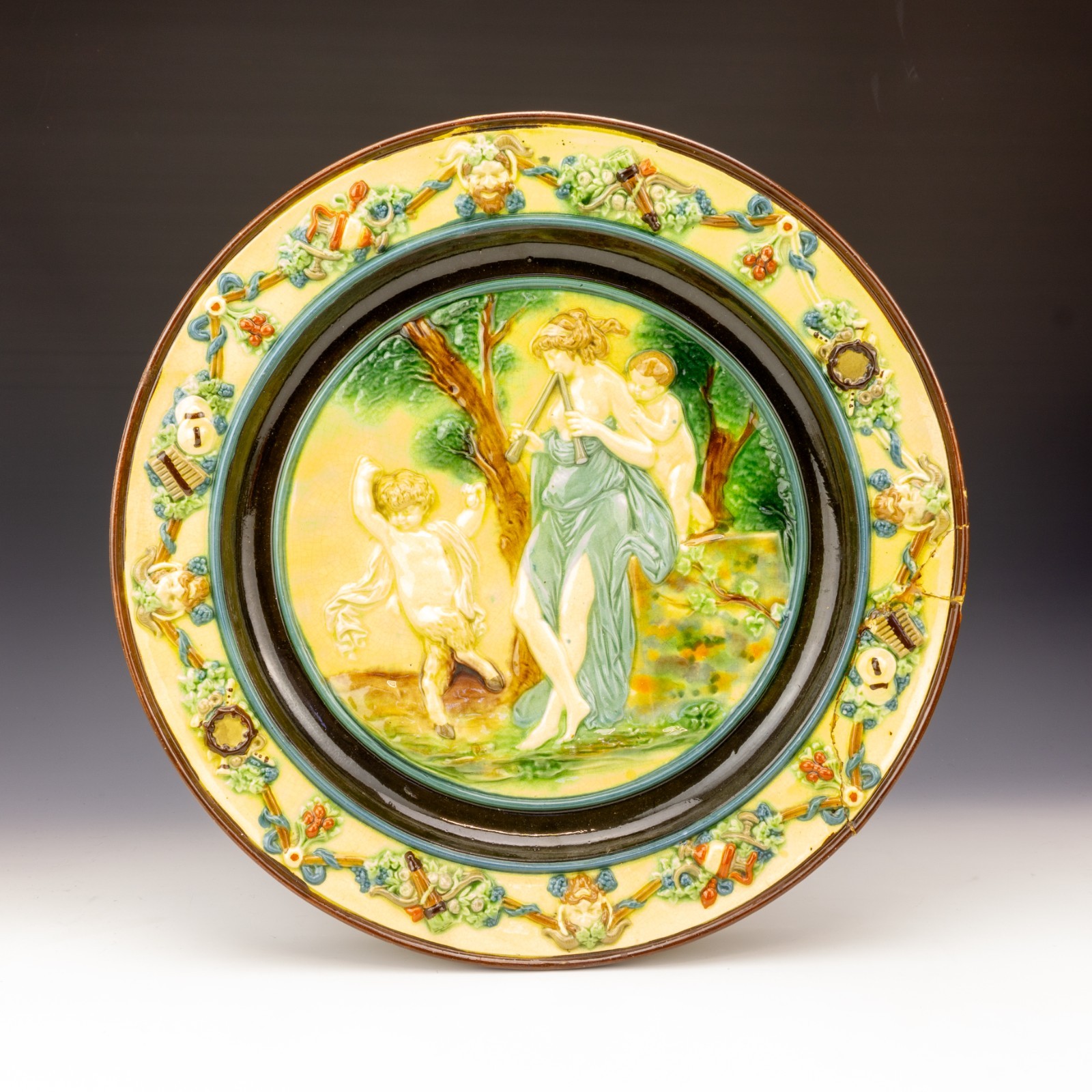 Antique Continental Majolica – Neo-Classical Theme Charger – Damaged But Lovely
