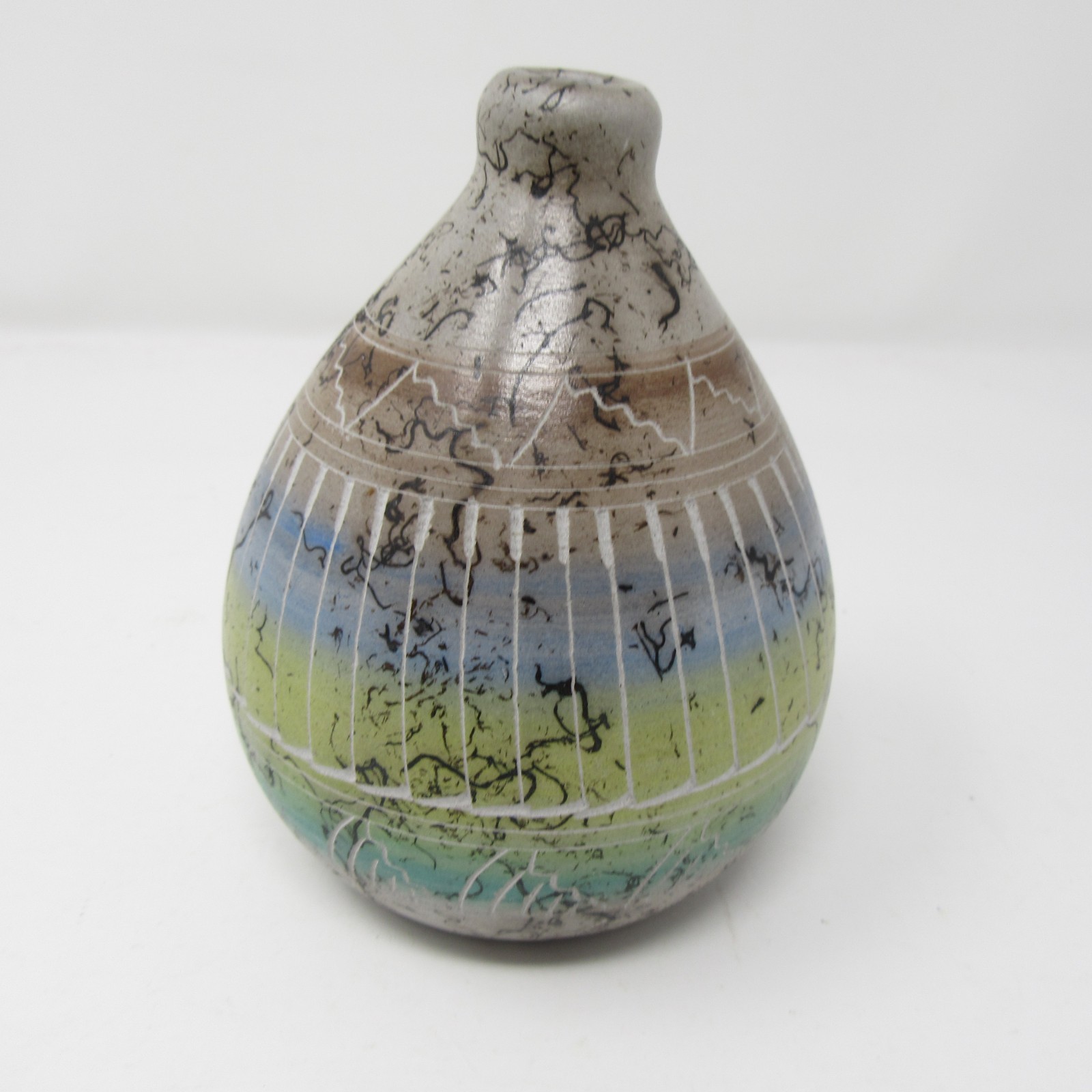 Horsehair Raku Studio Art Pottery Bud Vase 5” Southwest Style Incised Blue Green