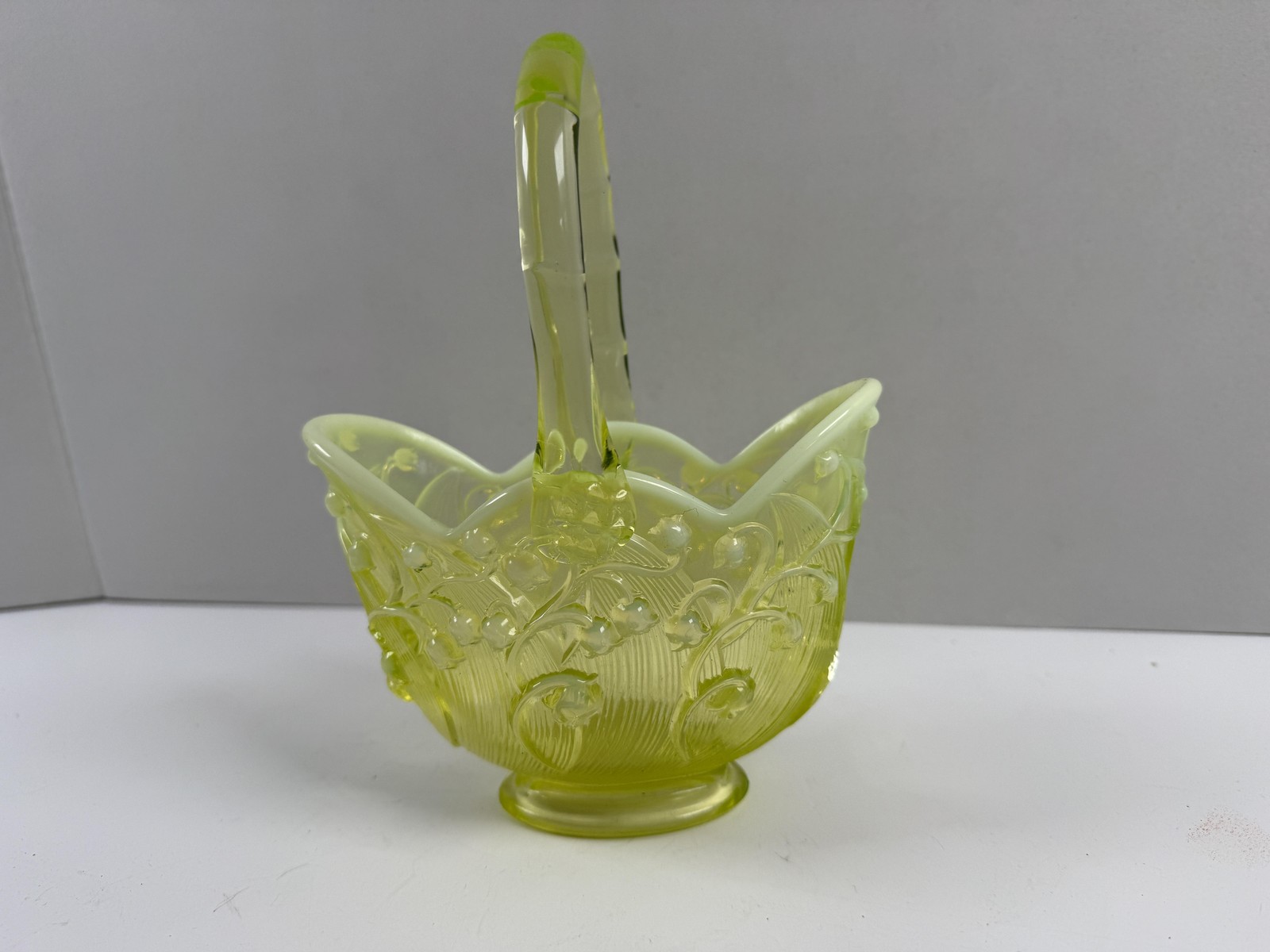 Vintage Fenton Vaseline Yellow Glass Decorative Basket Handle Lily of Valley