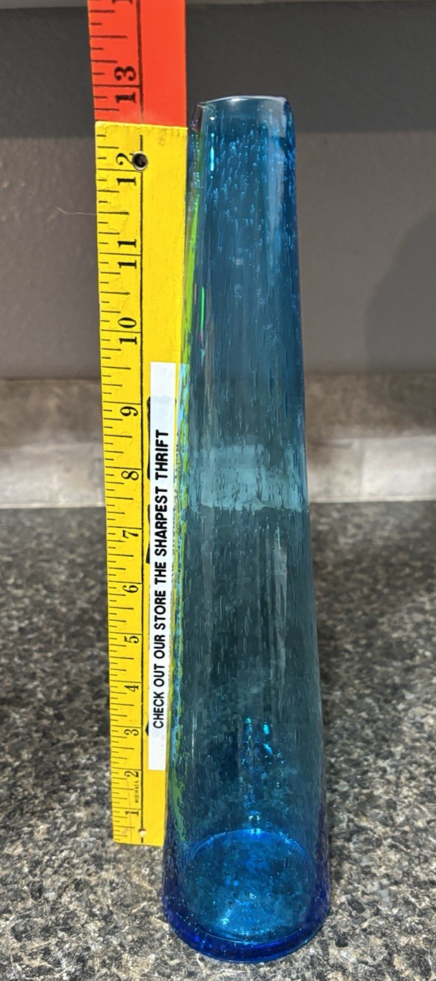 Hand Blown Margie’s Garden Aqua Turquoise Bubble Art Curved Glass Vase 13″ EXC
