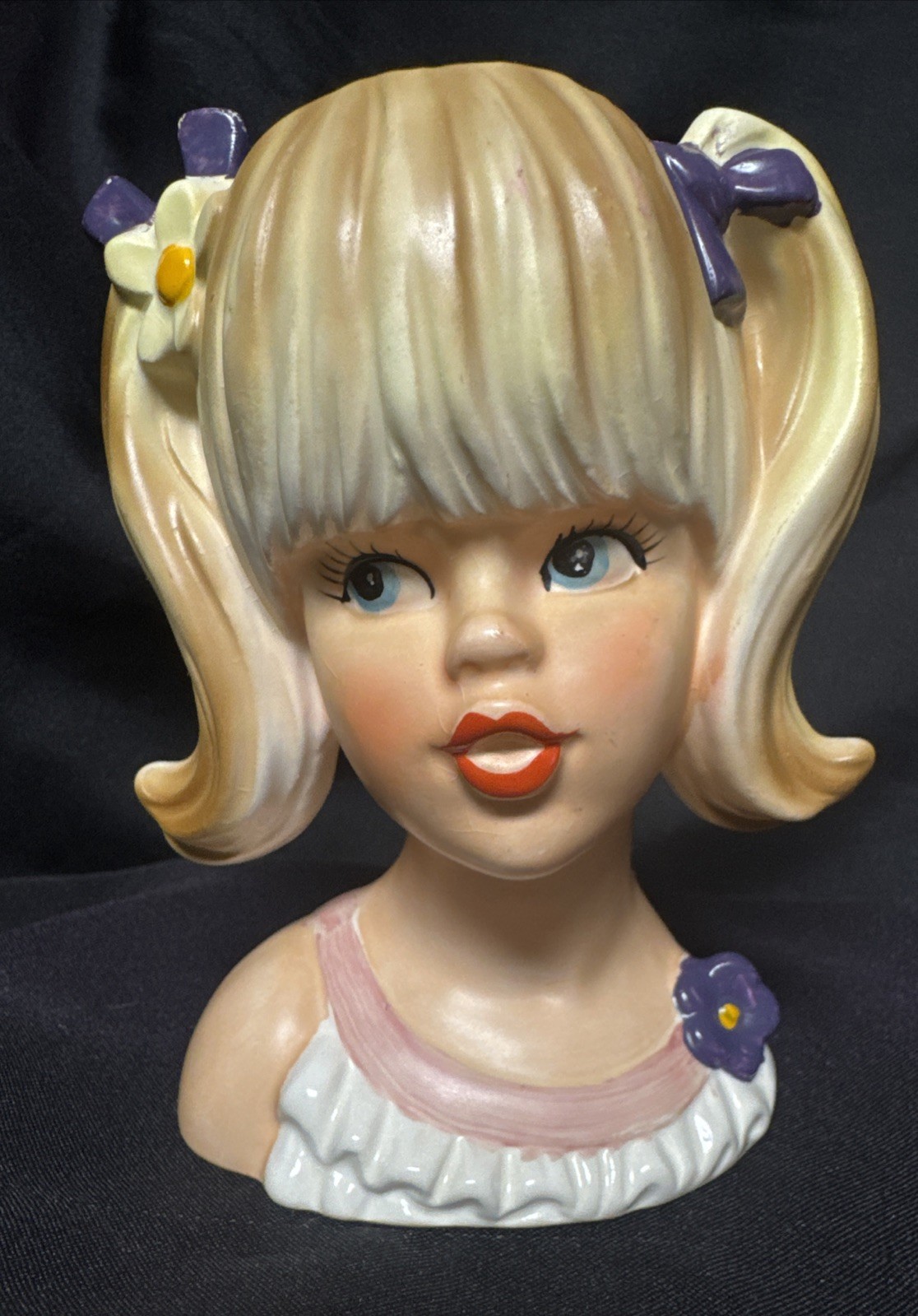 Vintage Enesco Teen Head Vase Pigtails Daisy Purple Girl Teenage Org Label