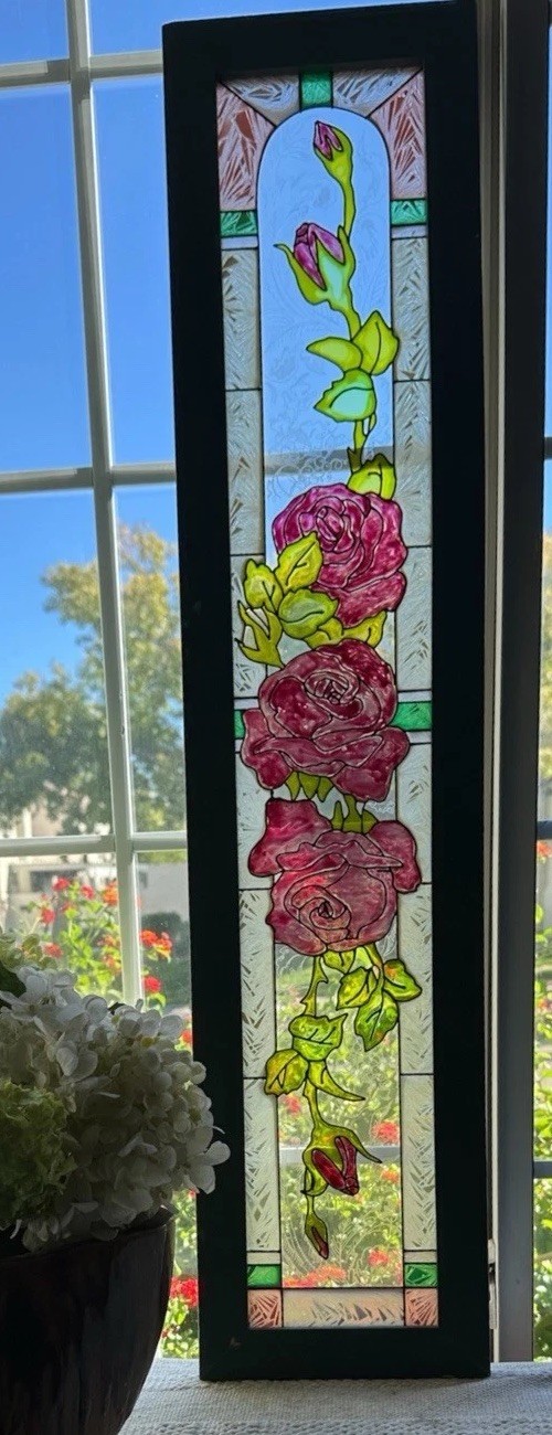 Stained Glass Rose Panel Tall Floral Window Hanging Red Roses Framed