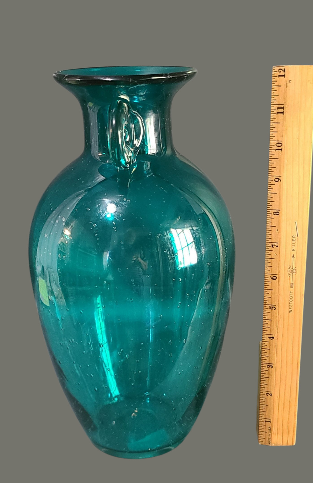 Neoclassical Style Hand Blown Art Glass Blue Clear Handle Vase