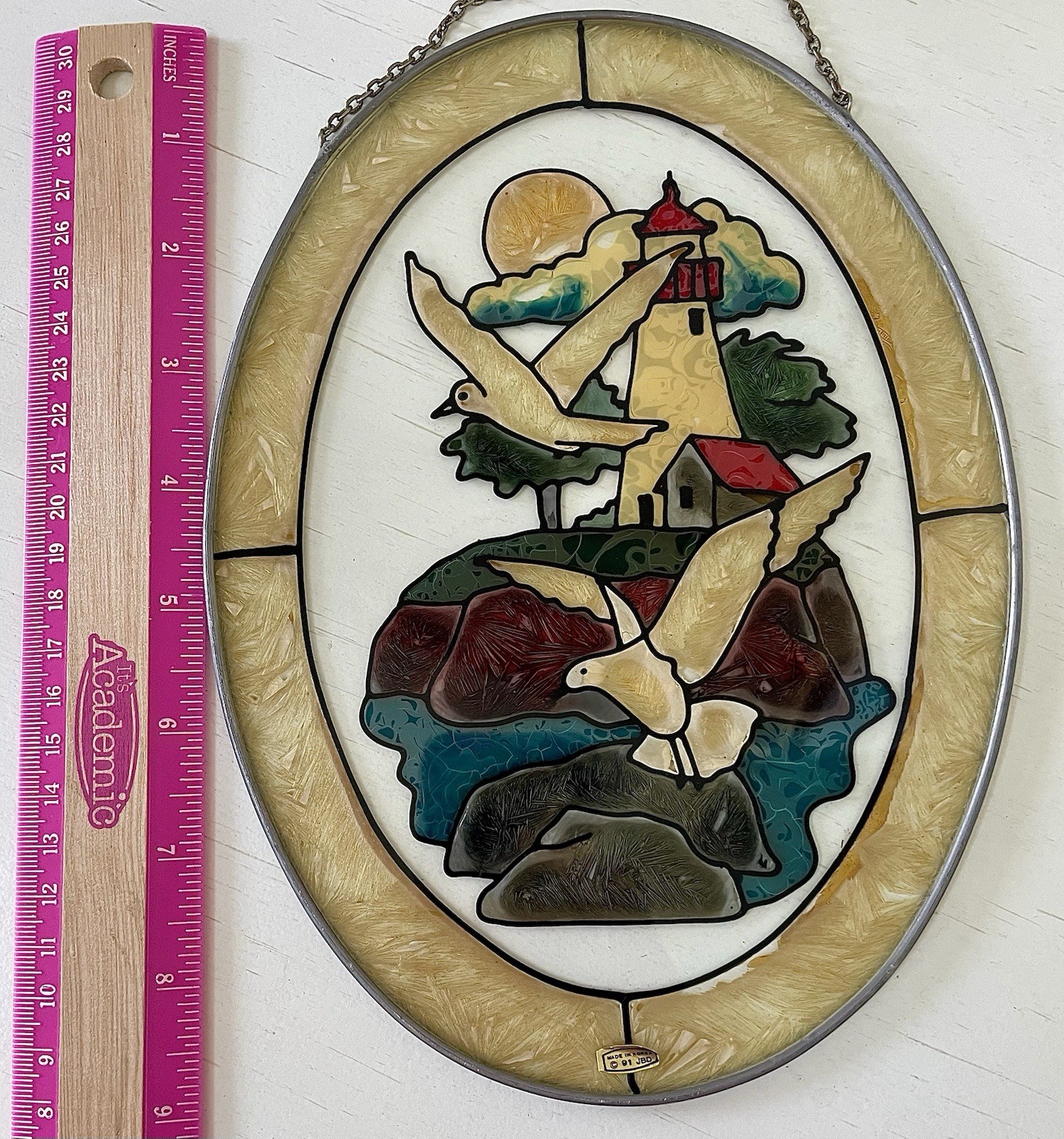 Vintage Joan Baker Designs Lighthouse & Seagulls Faux Stained Glass Hanging