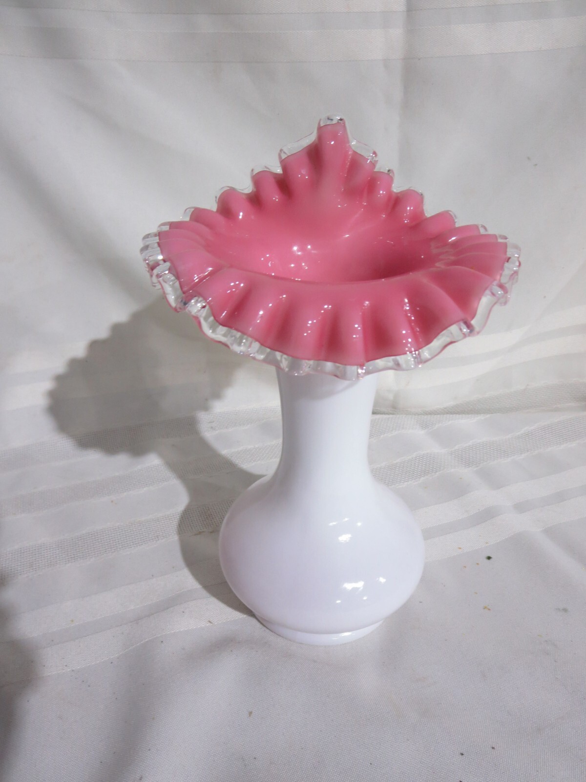 Fenton Silver Crest White / Pink Jack in the Pulpit Clear Ruffled Edge Vase
