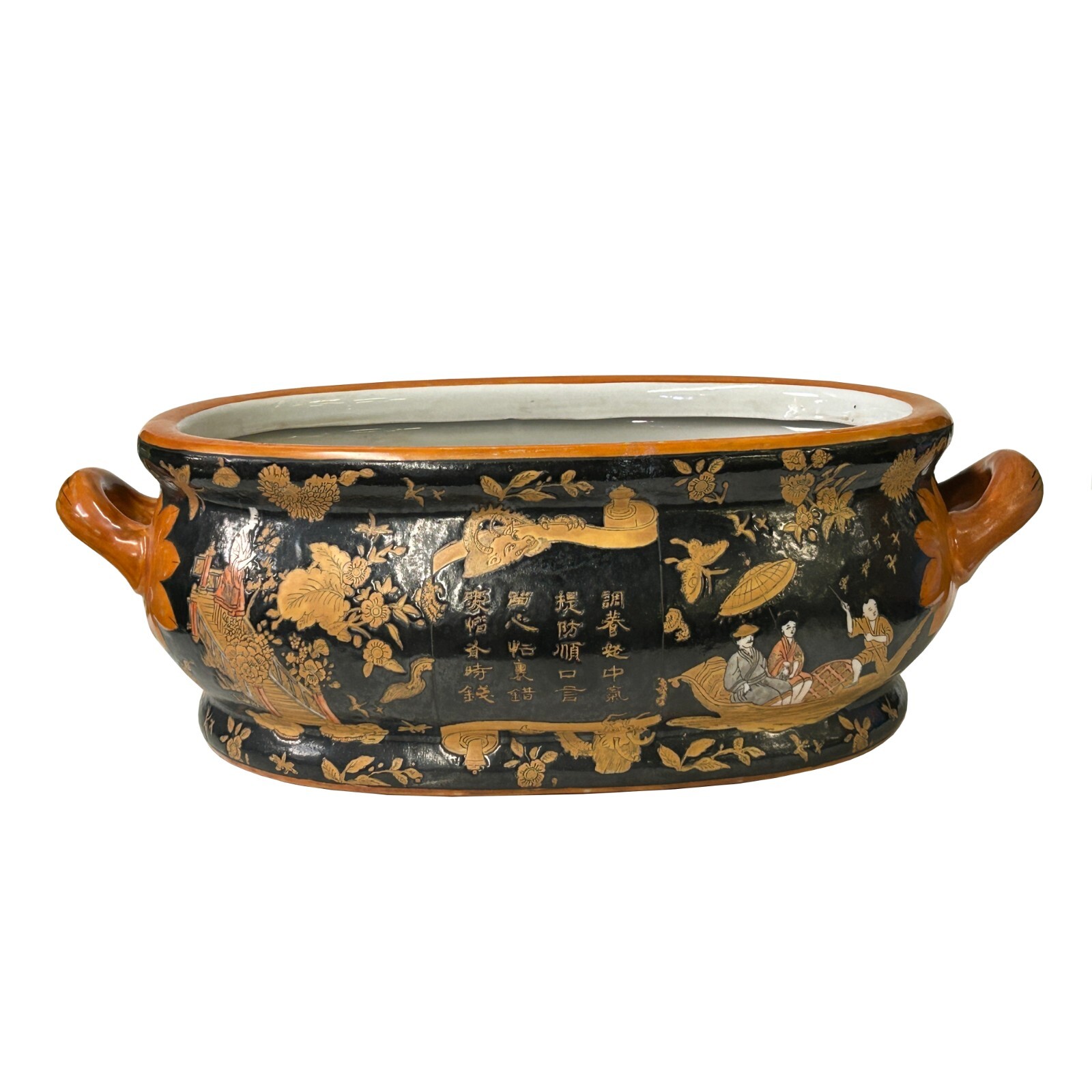 Vintage Chinese Black Copper Scenery Graphic Ceramic Oval Bowl Pot ws4282