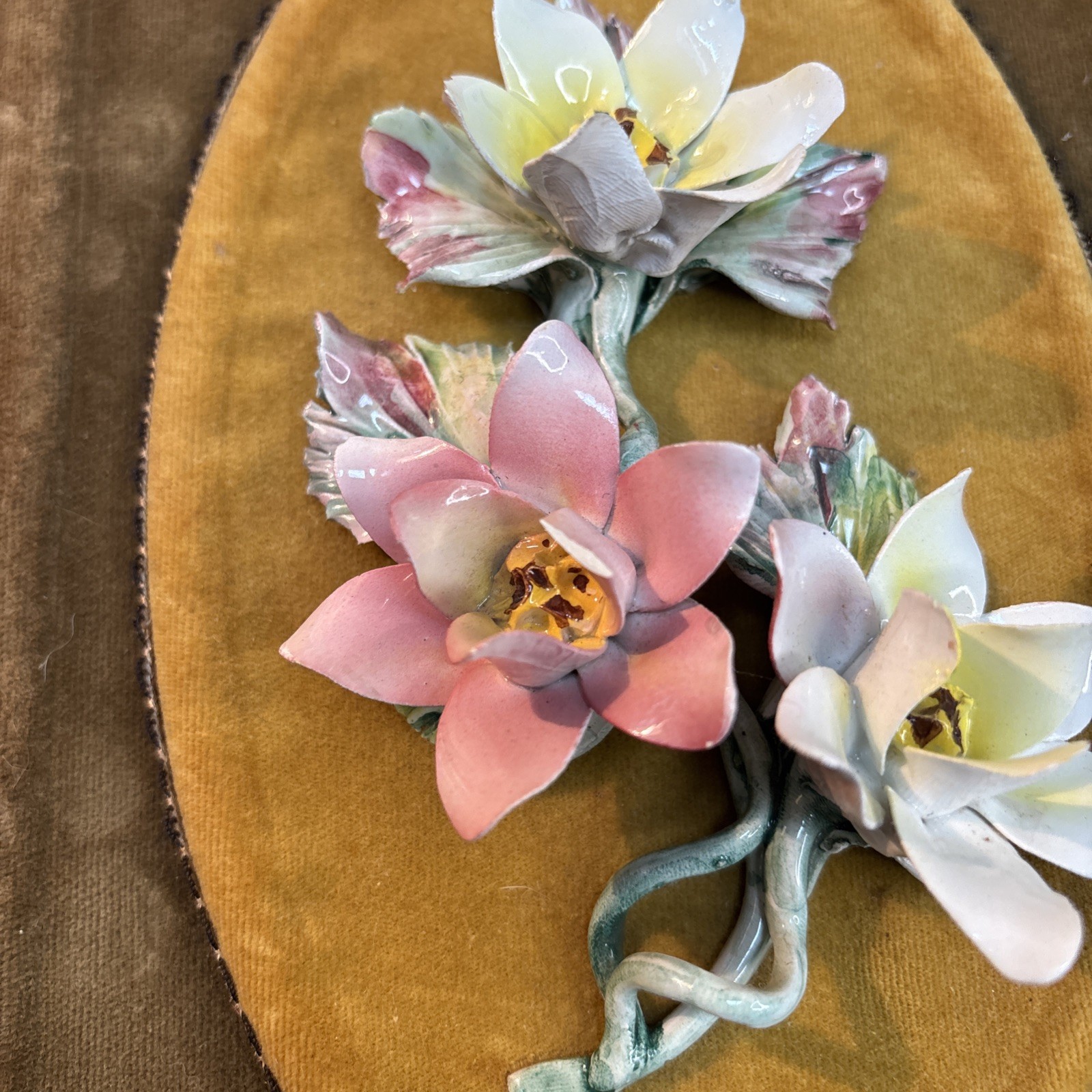 Italian Capodimonte Porcelain Flowers On Gold Velvet Wall Art