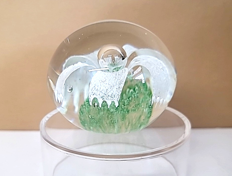 Hand Blown Art Glass Paperweight White Flower w/Controlled Bubble and Green