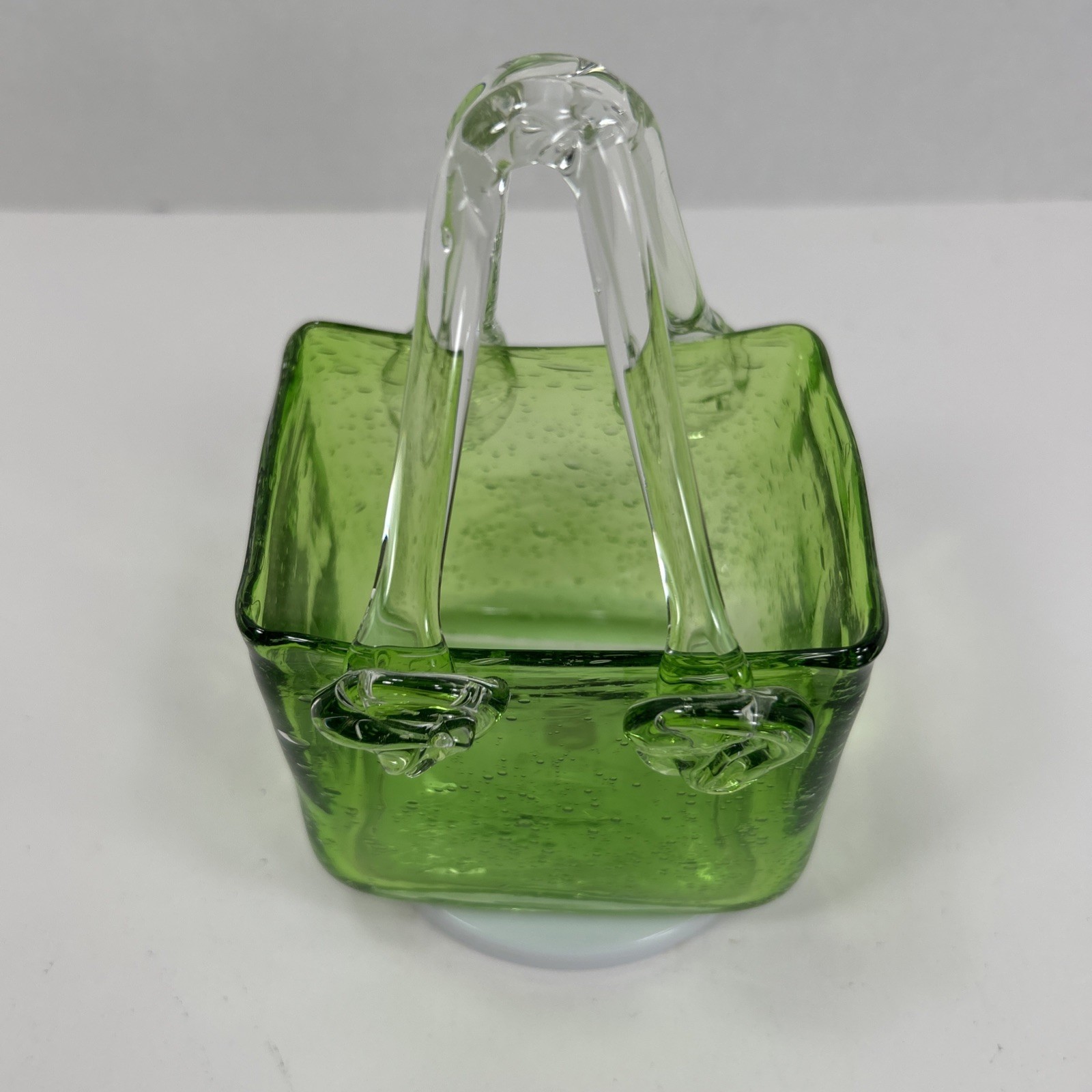 Vintage Hand Blown Green Glass Purse Bag Vase 7” Tall W/ handle 4” Wide