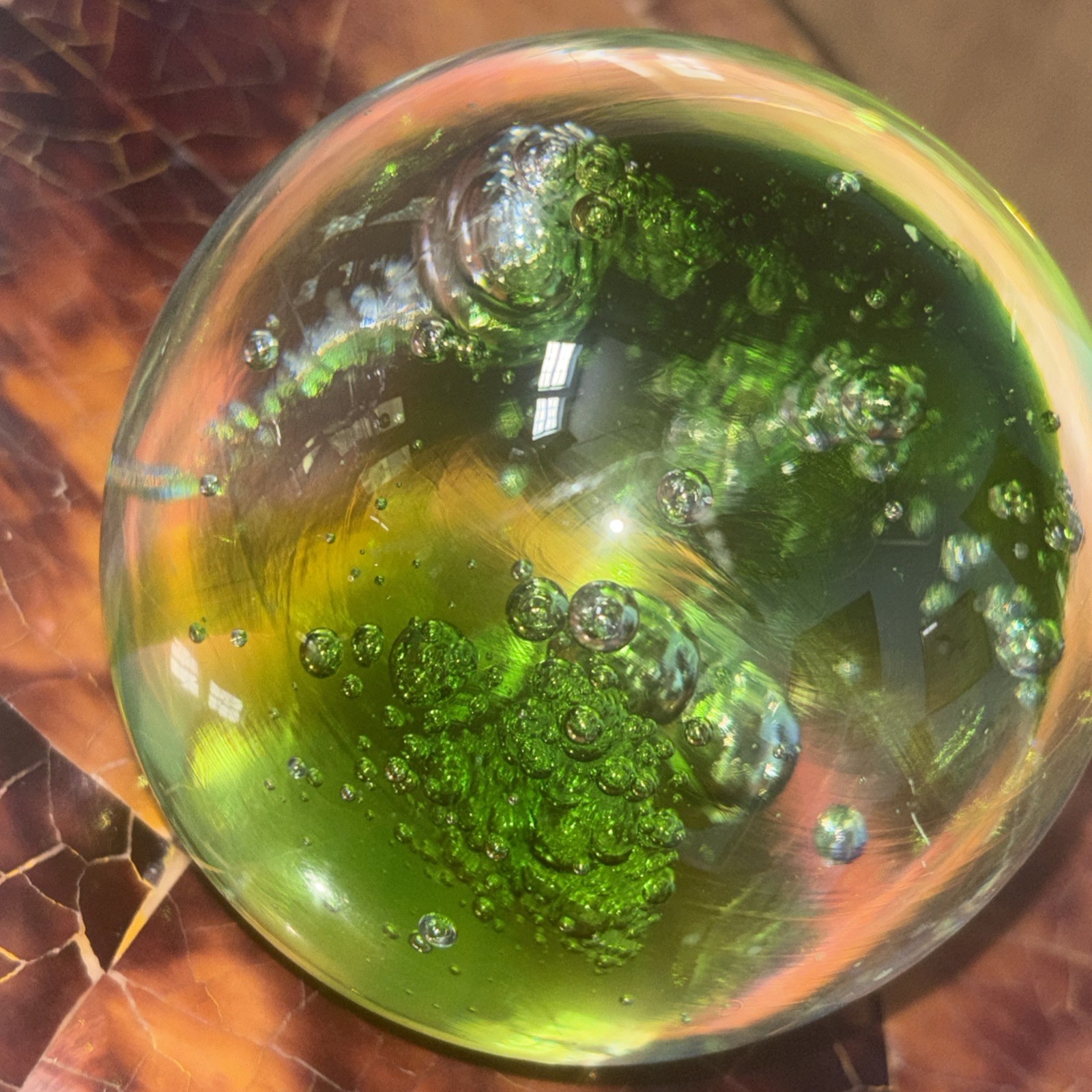 Vintage Cosmic Waters / Ocean Motif. Green Sphere Art Glass Paperweight