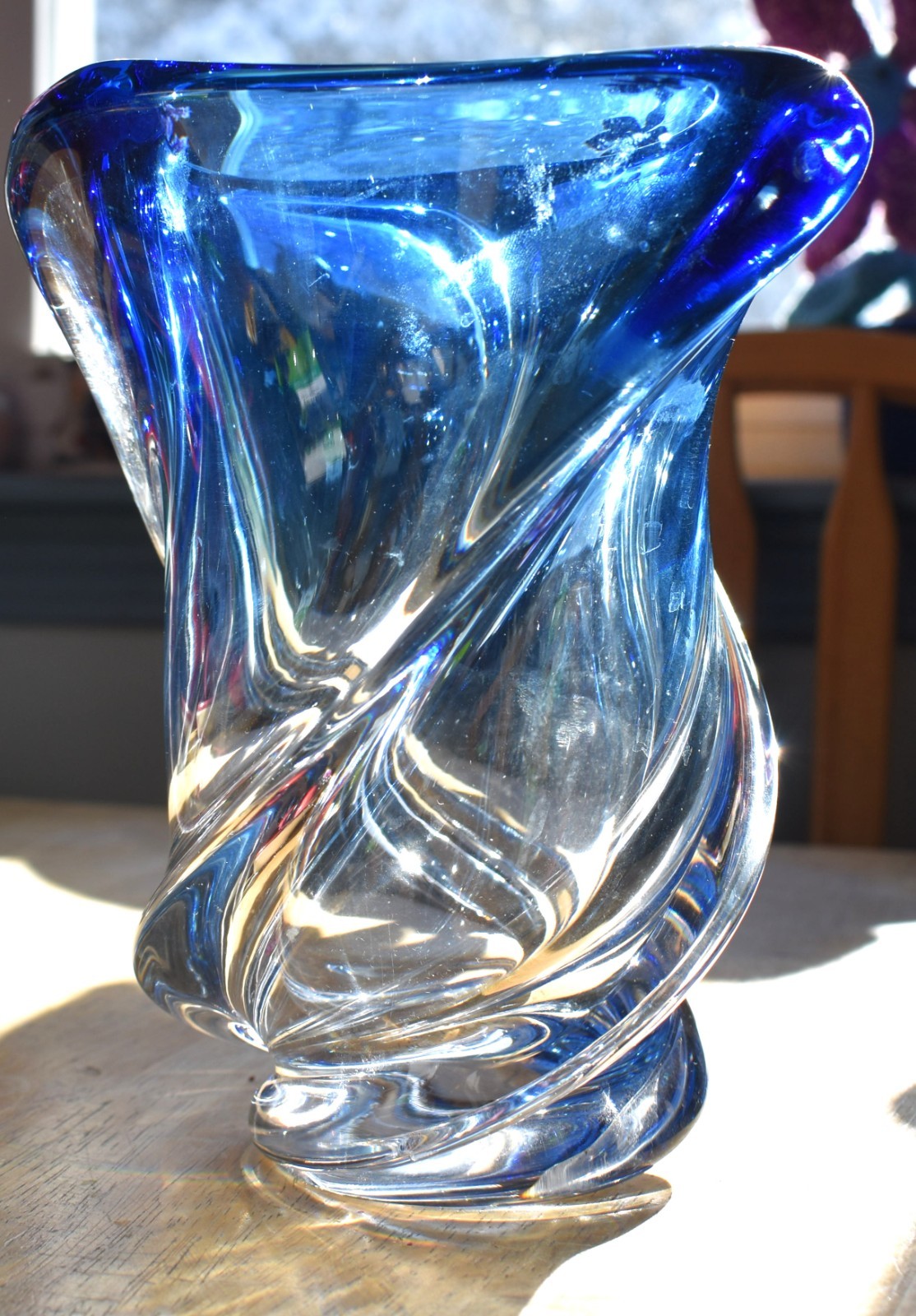 Val St. Lambert Signed Blue Art Glass Vase Twisted Rene Delvenne Crystal 1950s