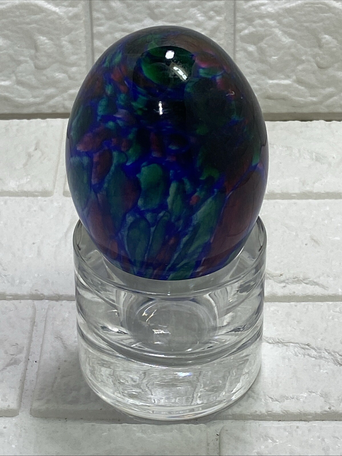Vintage Adam JABLONSKI Art Glass Egg Shaped Paperweight Poland W/Atlantis Stand