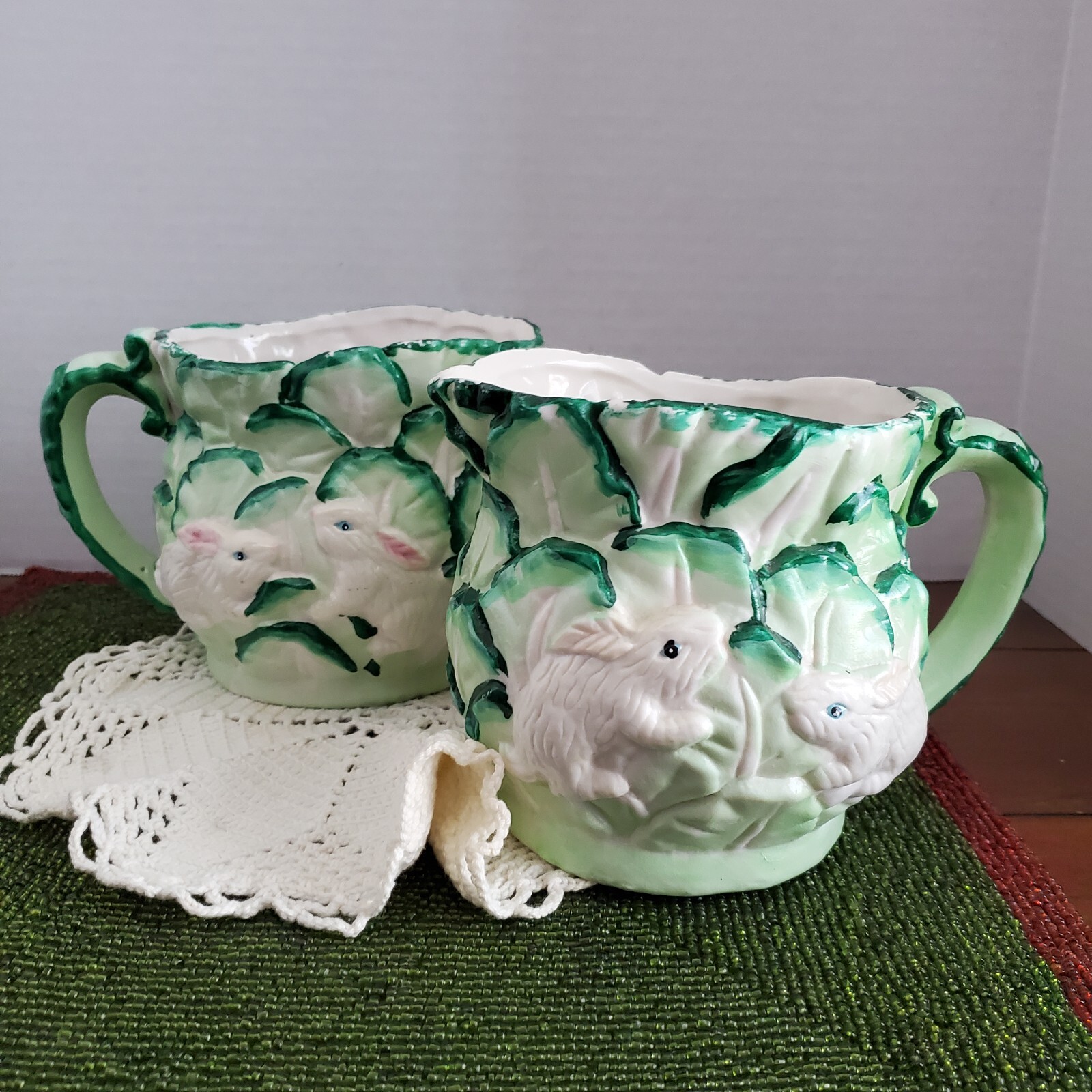 Pair Vintage WCL cabbage and bunnies pitchers Vases Cottagecore Whimsical kitsch
