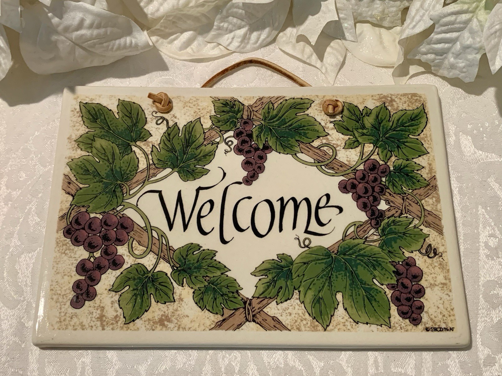 Vtg Santa Barbara Ceramic Design SBCD Tile Welcome Wine Grapes Wall Hanging 8”