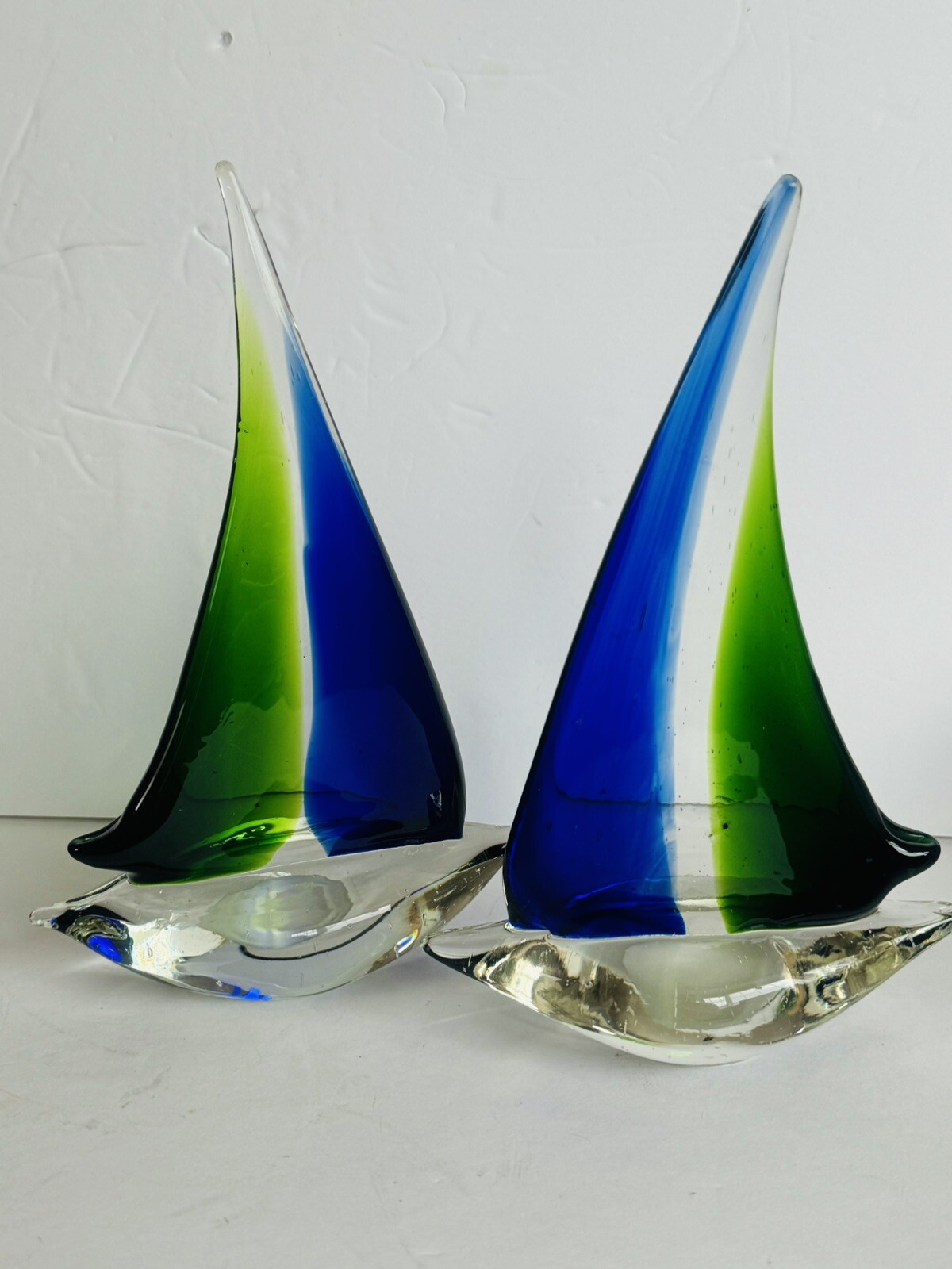 Art Glass 2 Sailboat Sculptures Blue Green Clear Vintage Ocean Nautical Unsigned