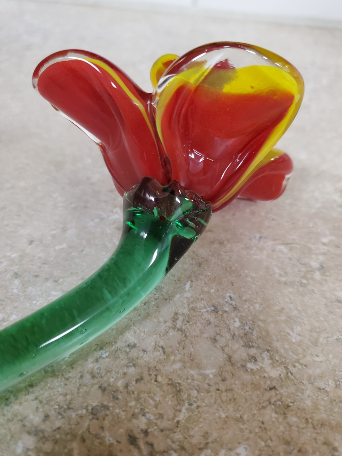 Vintage Red, Yellow & Green Handblown Glass Flower Art Glass 9.5″ L