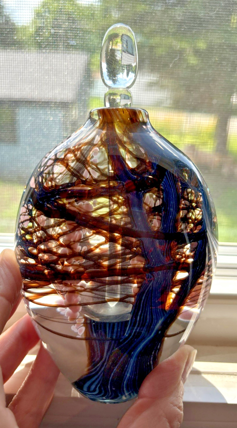 Satava 6 1/2″ Wisteria Tree w/ Pink Flowers Glass Perfume Bottle 1990 Signed