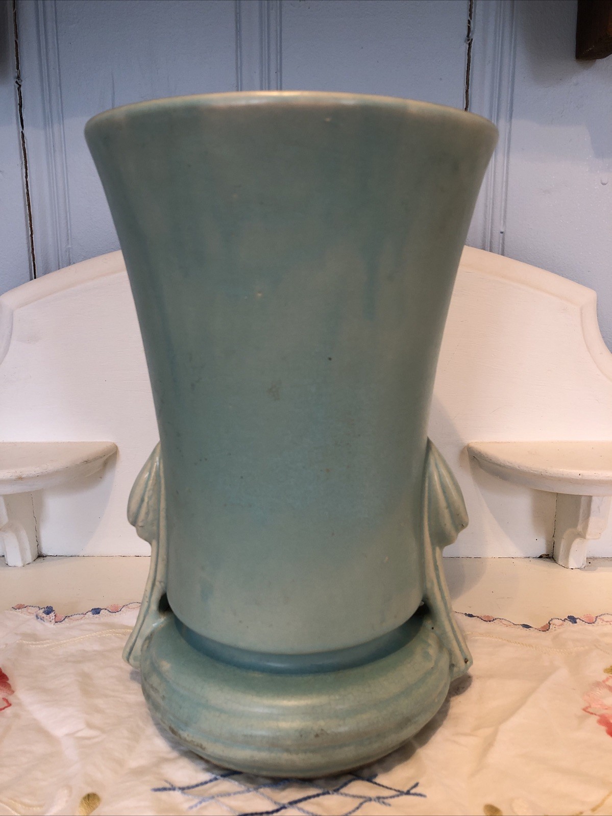 McCoy Pottery 1940’s Matte Aqua Large Vase 12” Almost 8 Lbs! Art Deco Style
