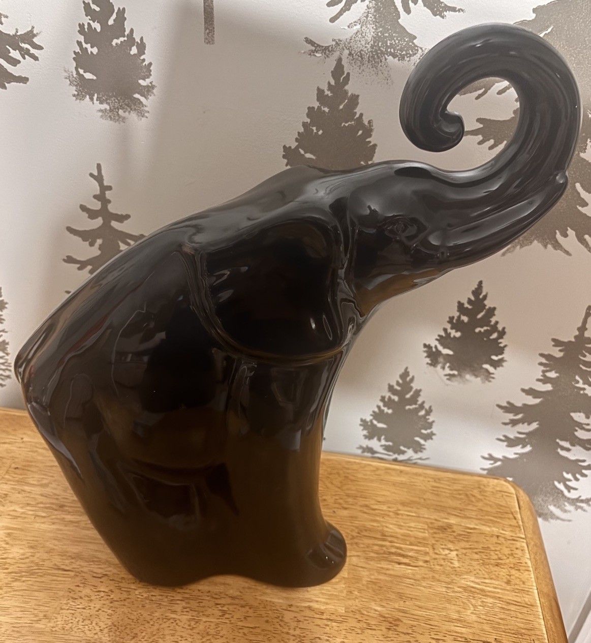 Haeger Large Ceramic Trunk Up Elephant #450 Shiny Black Vintage 16” Statue 1993