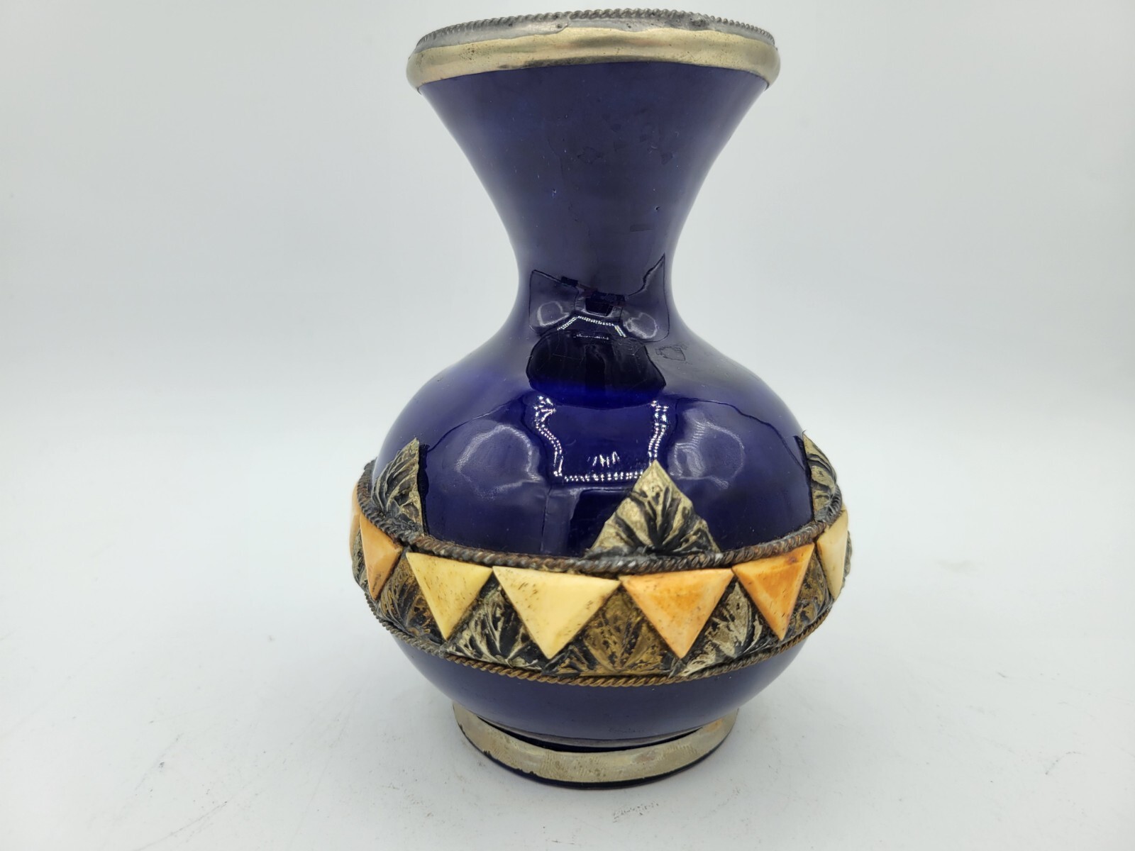 Tunisia Cobalt Blue Pottery Brass And Camel Bone Inlaid Mosaic Vase 5.5″