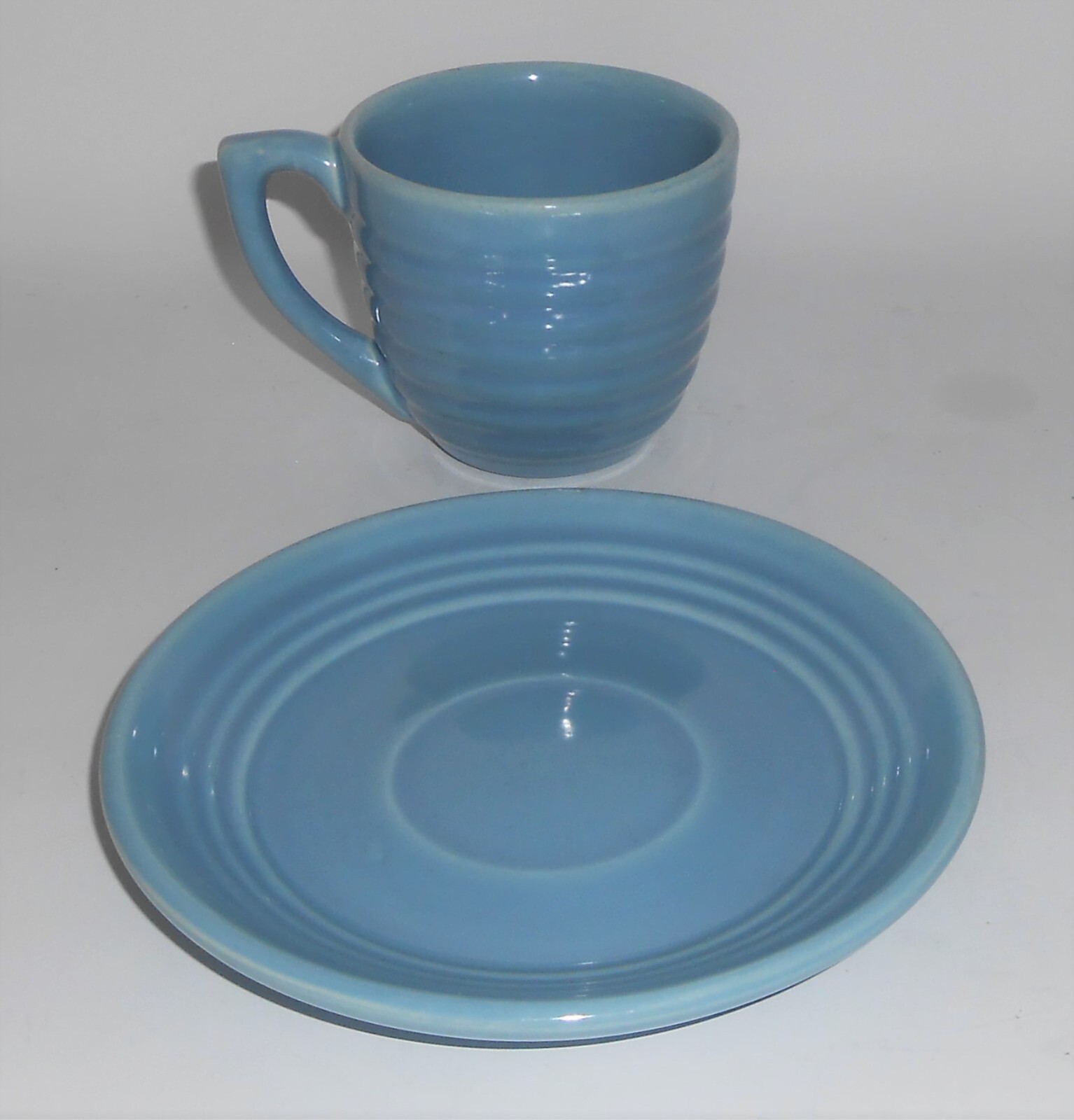 Bauer Pottery Ring Ware 3rd Period Lt Blue Cup & Saucer Set