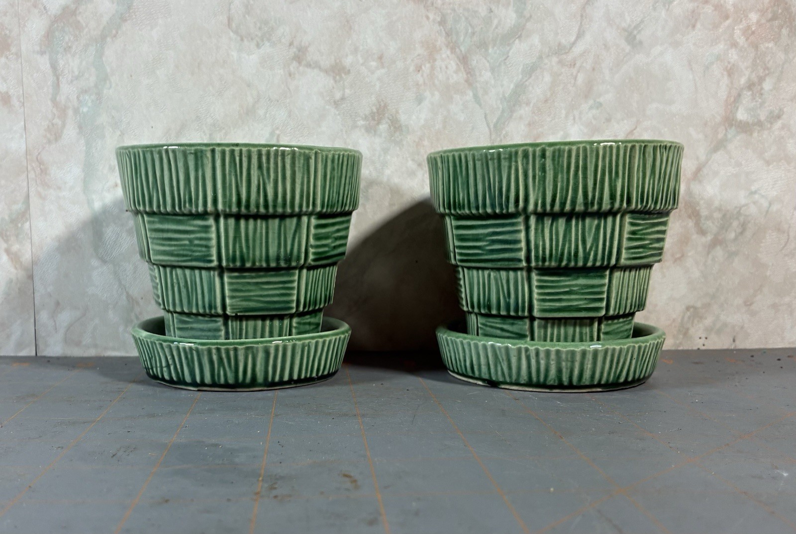 Pair Of Vintage 1950’s McCoy Basketweave Green Small 3 1/4″ Flower Pot Planter